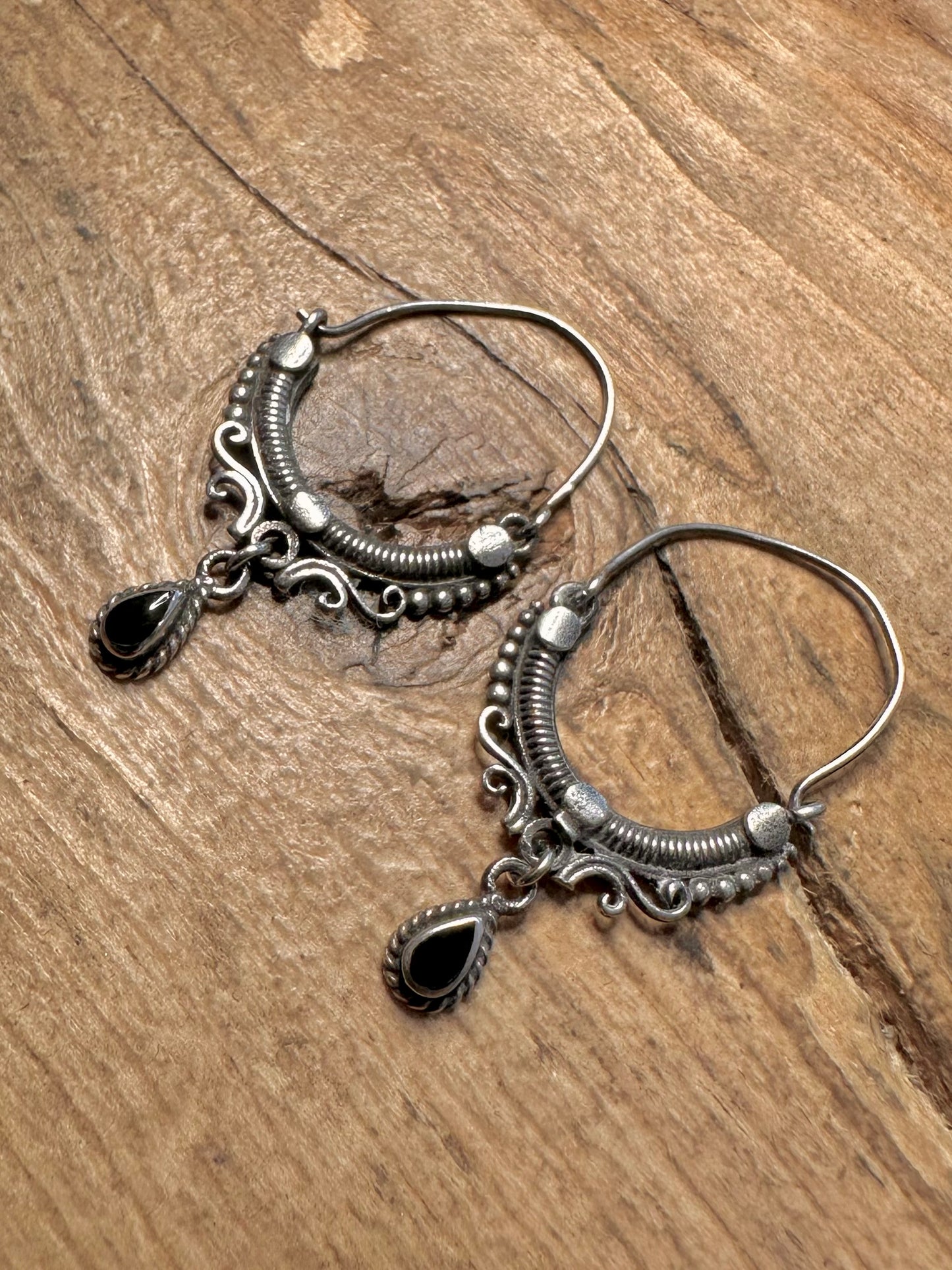 Vintage Boho Black Stone 925 Silver Earrings
