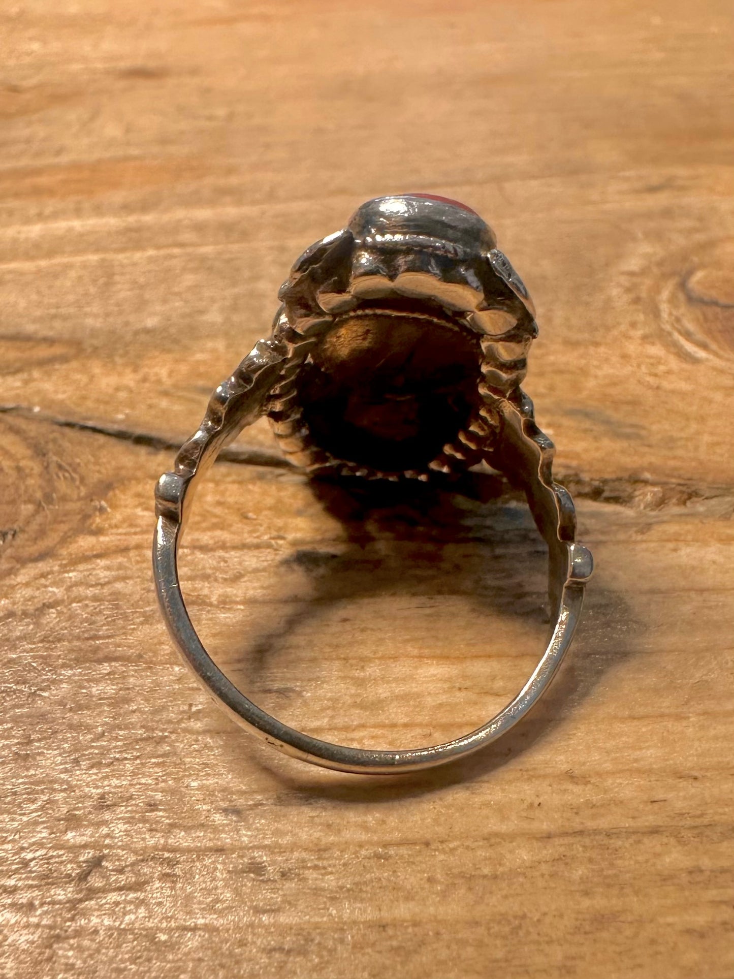 Vintage Coral Floral Long 925 Silver Size S Ring