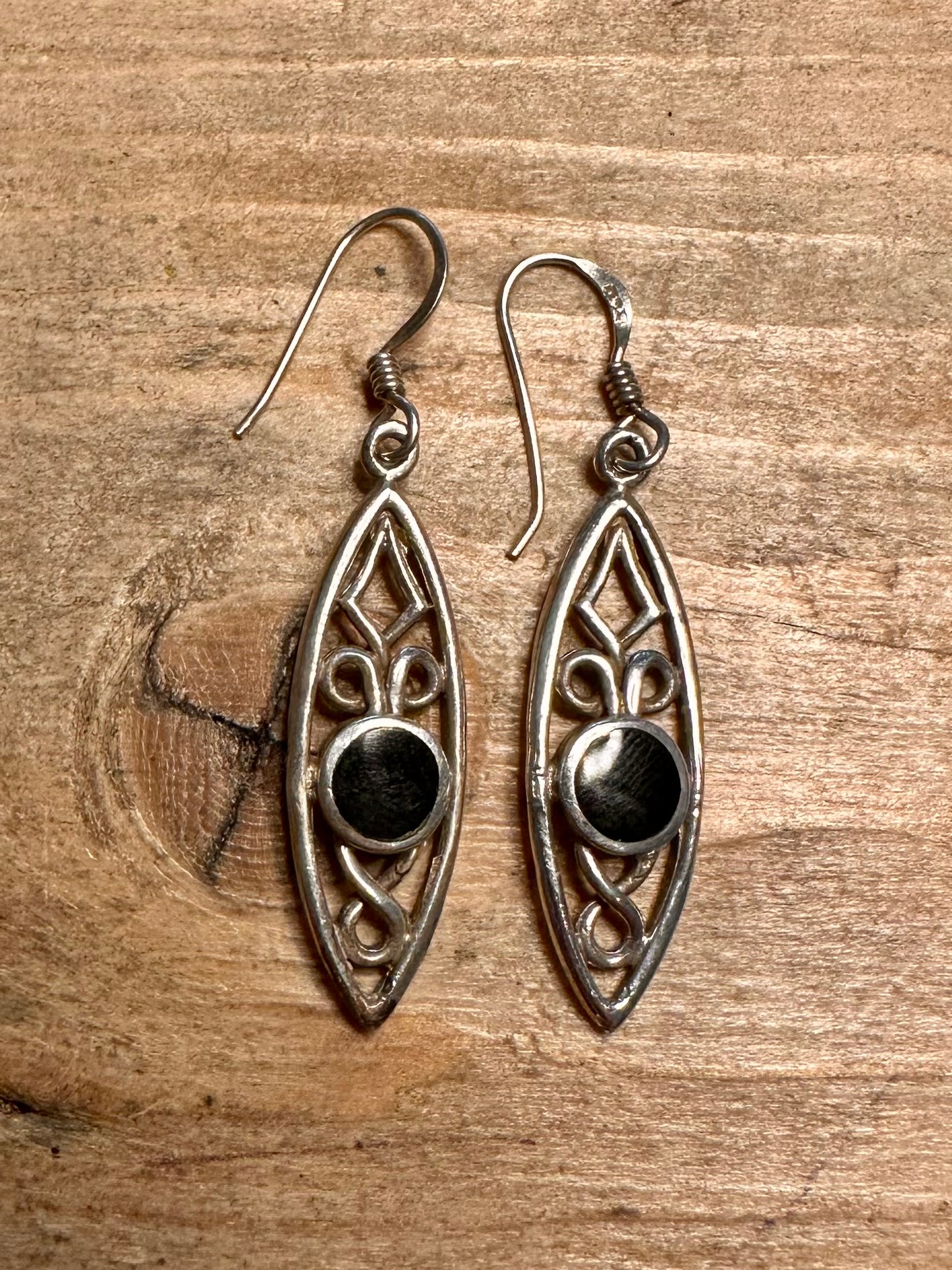 Vintage Ornate Black Dangle 925 Silver Earrings