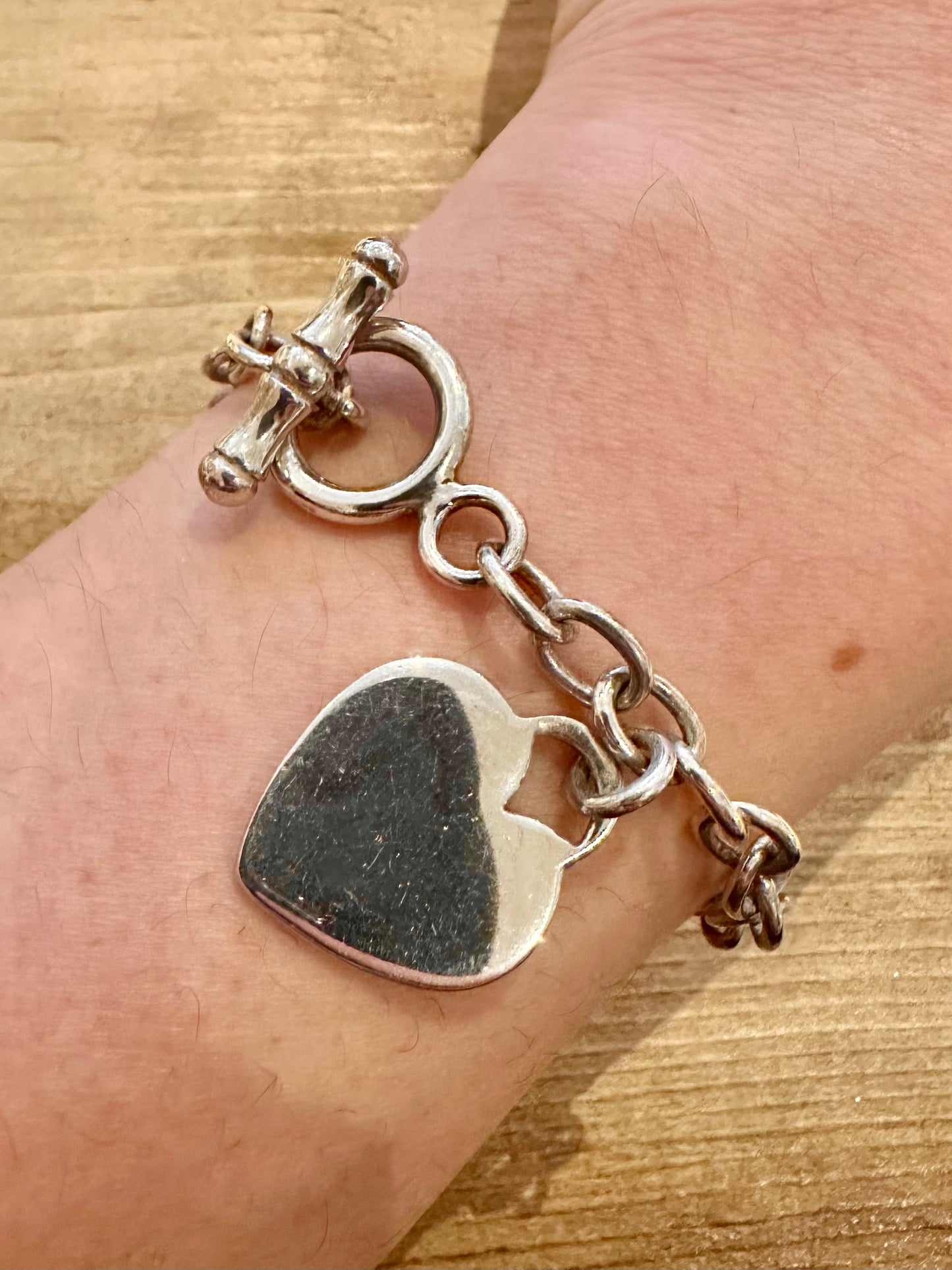 Vintage Belcher Heart T Bar Clasp 925 Silver 7.5 inch Bracelet
