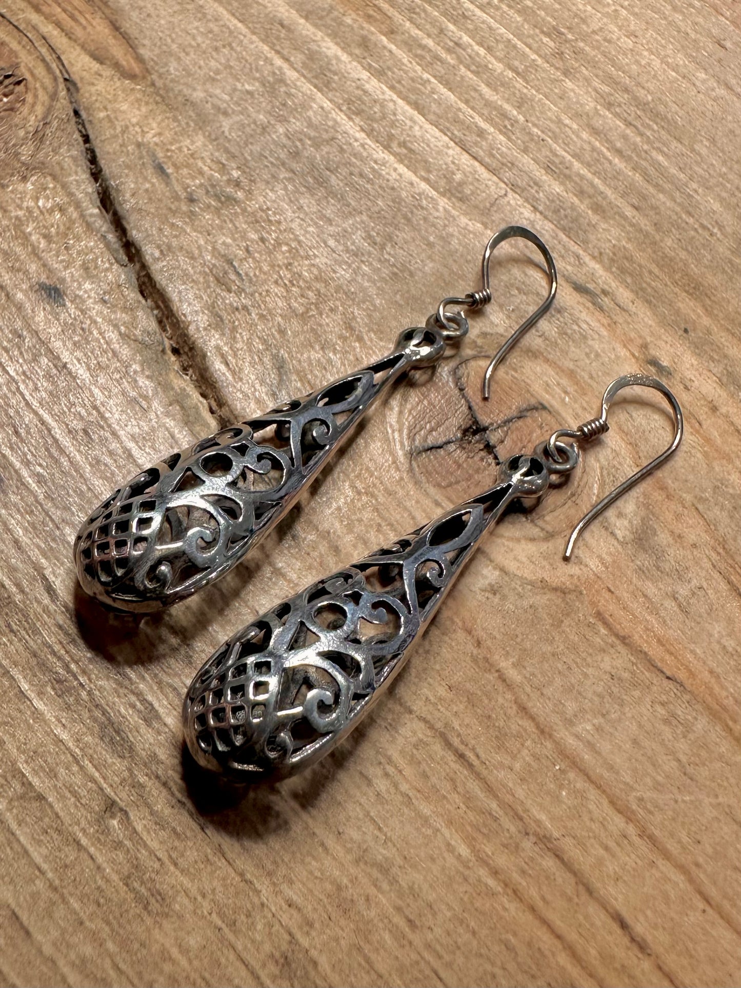 Vintage Filigree Dangle 925 Silver Earrings