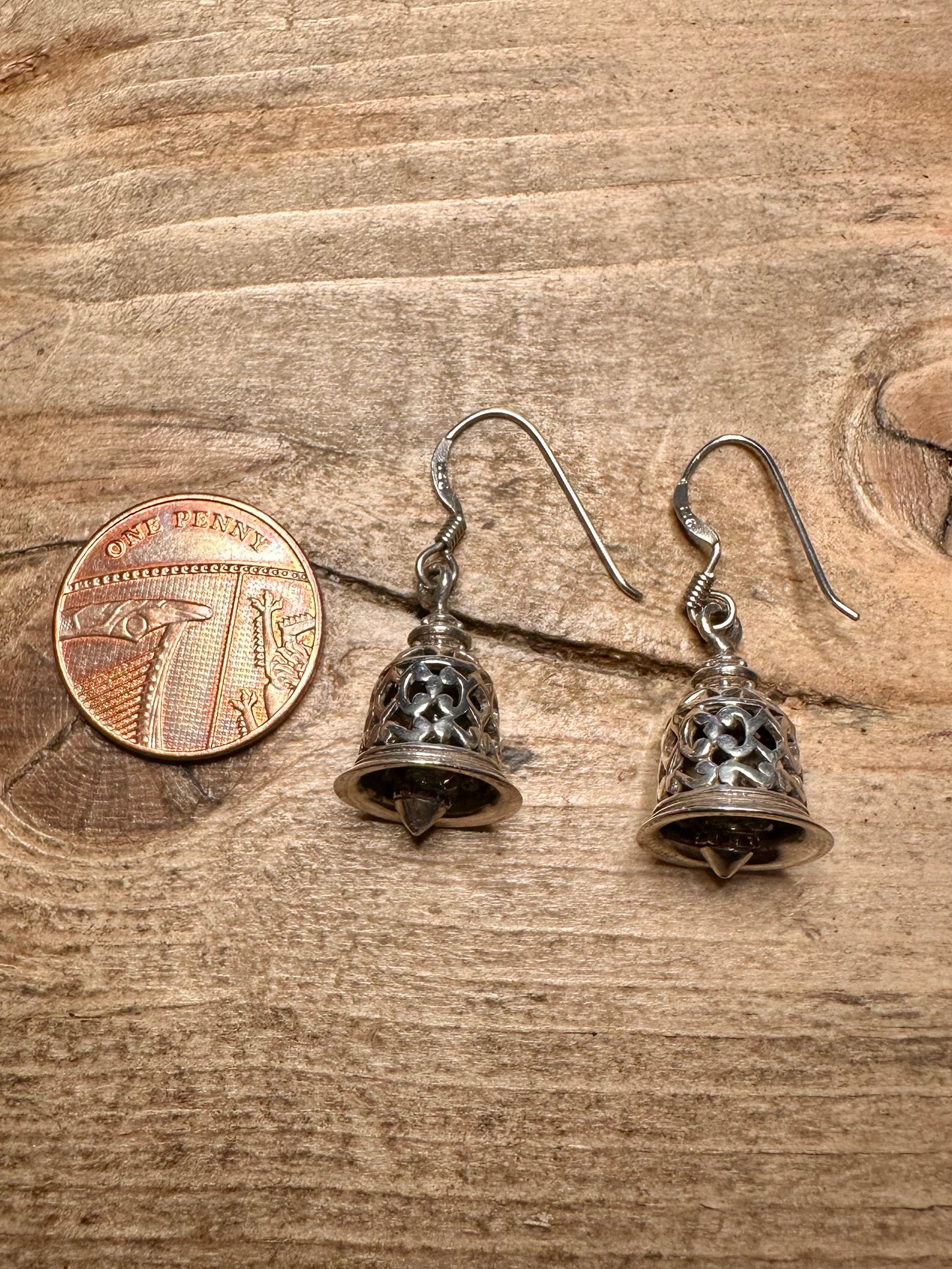 Vintage Ornate Bell Dangle 925 Silver Earrings