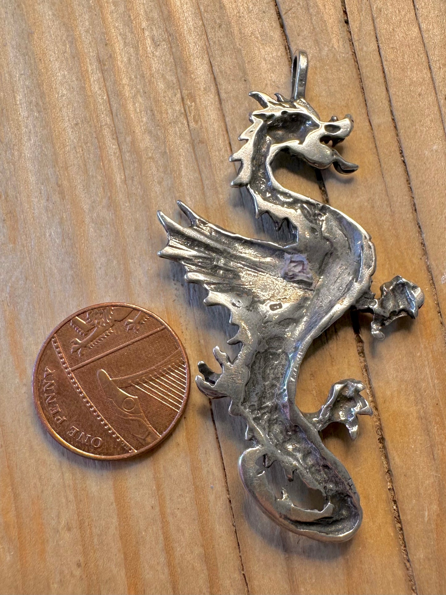 Vintage Large Textured Dragon 925 Silver Pendant