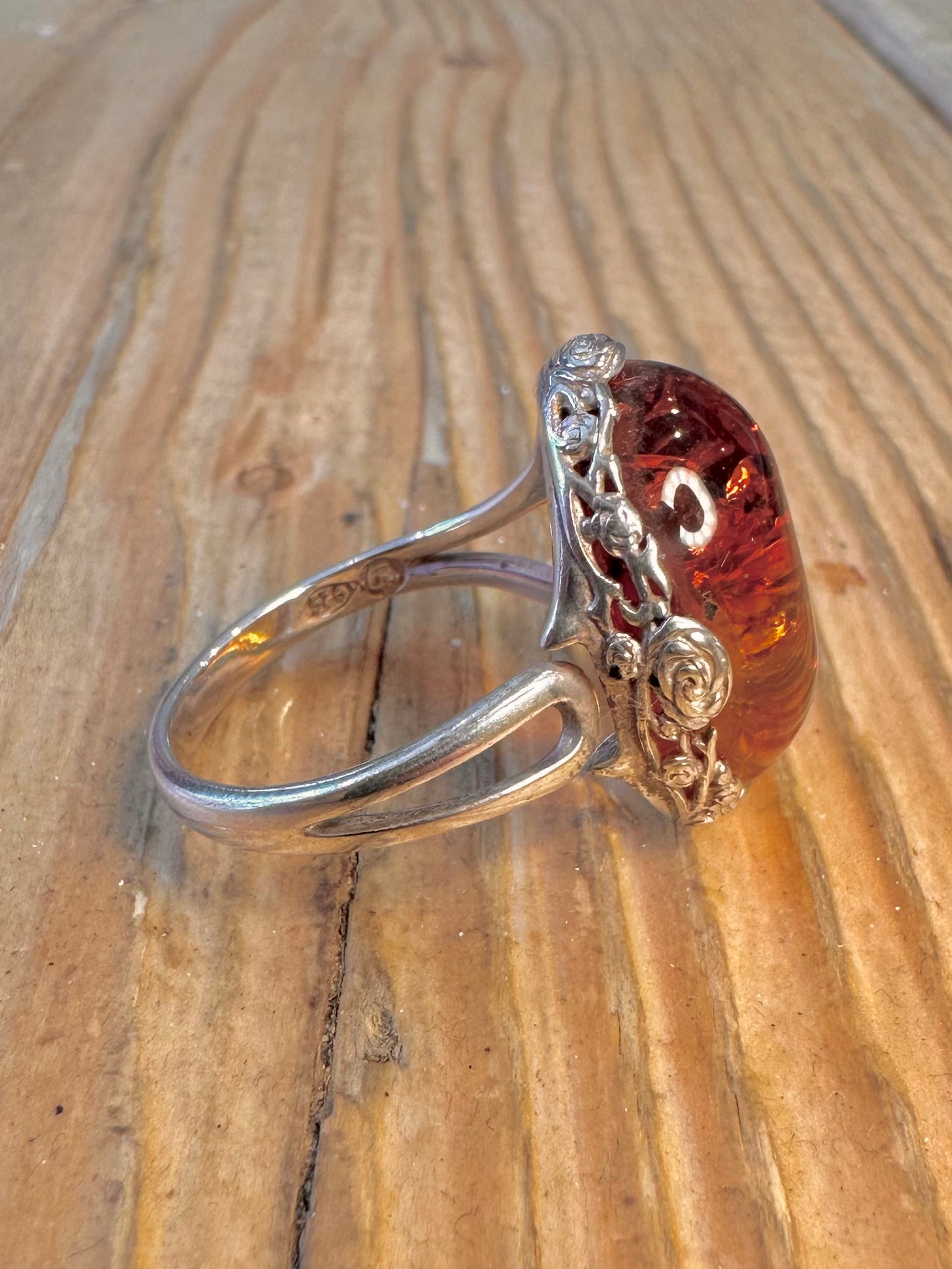 Amber Style Floral Mount 925 Sterling Silver Size U Adjustable Ring