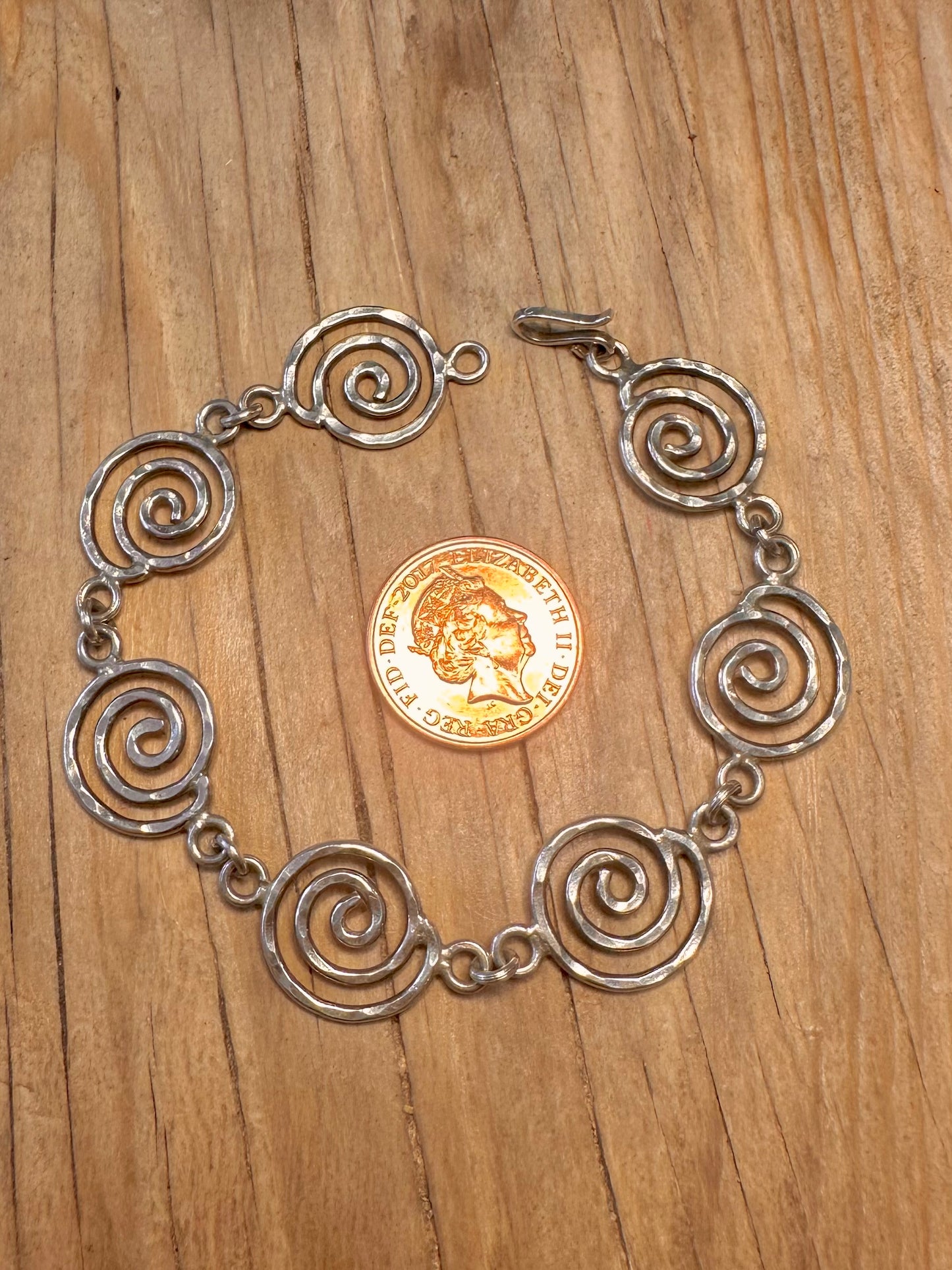 Abstract Swirl Hammered 925 Sterling Silver 7.4 inch Bracelet