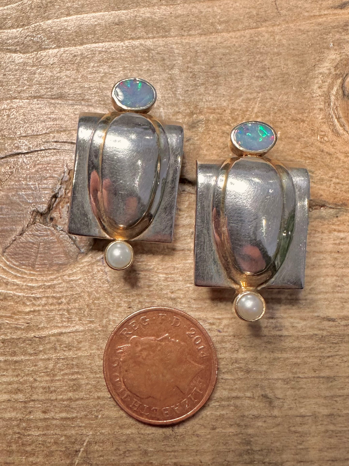 Abstract Opal and Pearl Chunky Studs 925 Silver Earrings