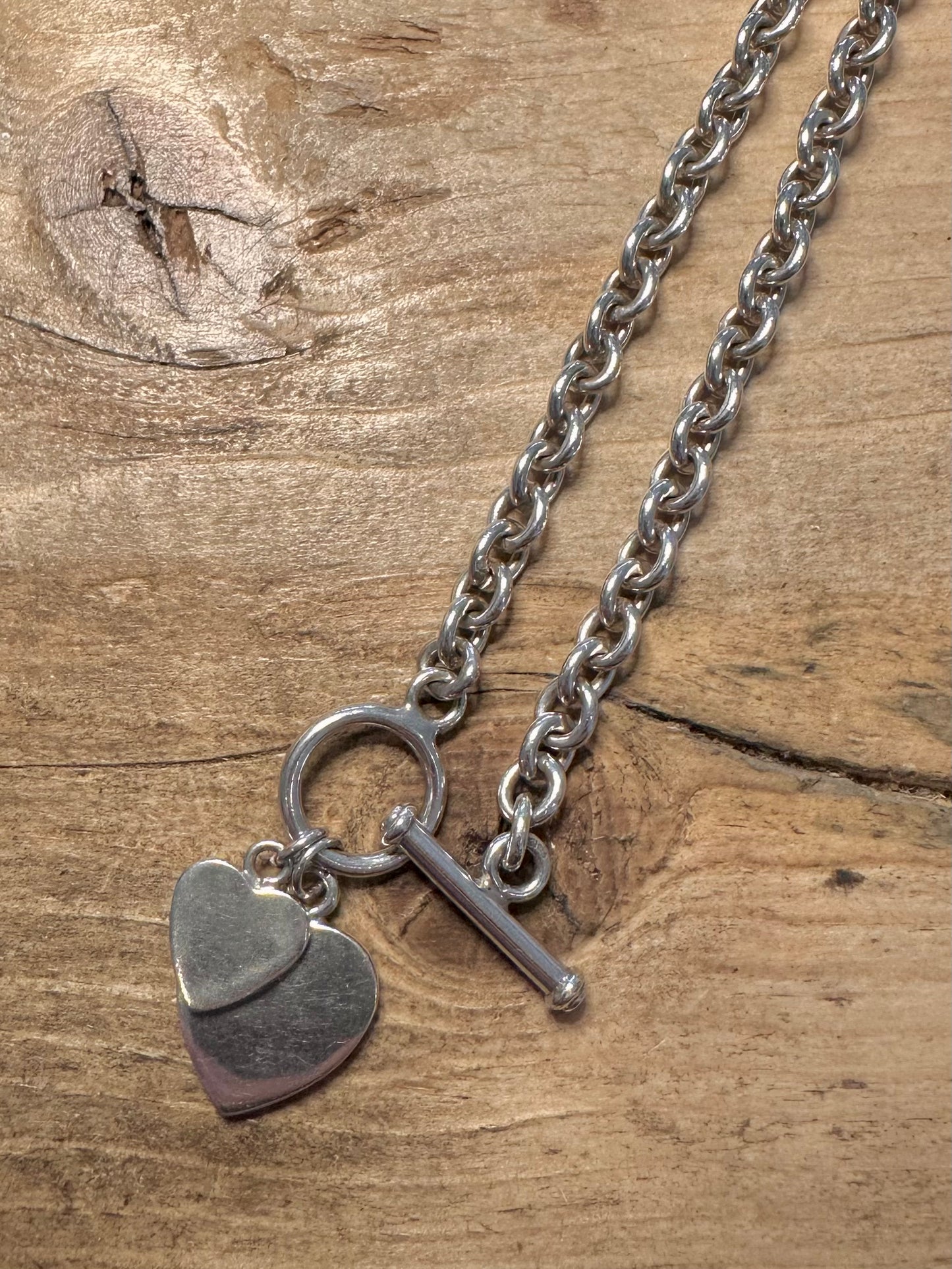 Vintage Belcher Chain Heart Pendant T Bar Clasp 925 Silver 15.5 inch Necklace