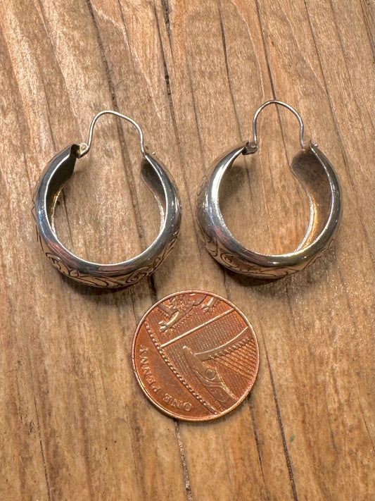 Vintage Chunky Engraved Hoops 925 Sterling Silver Earrings