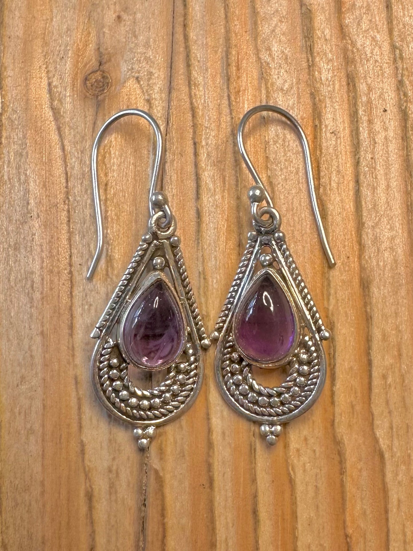 Vintage Amethyst Ornate 925 Sterling Silver Earrings