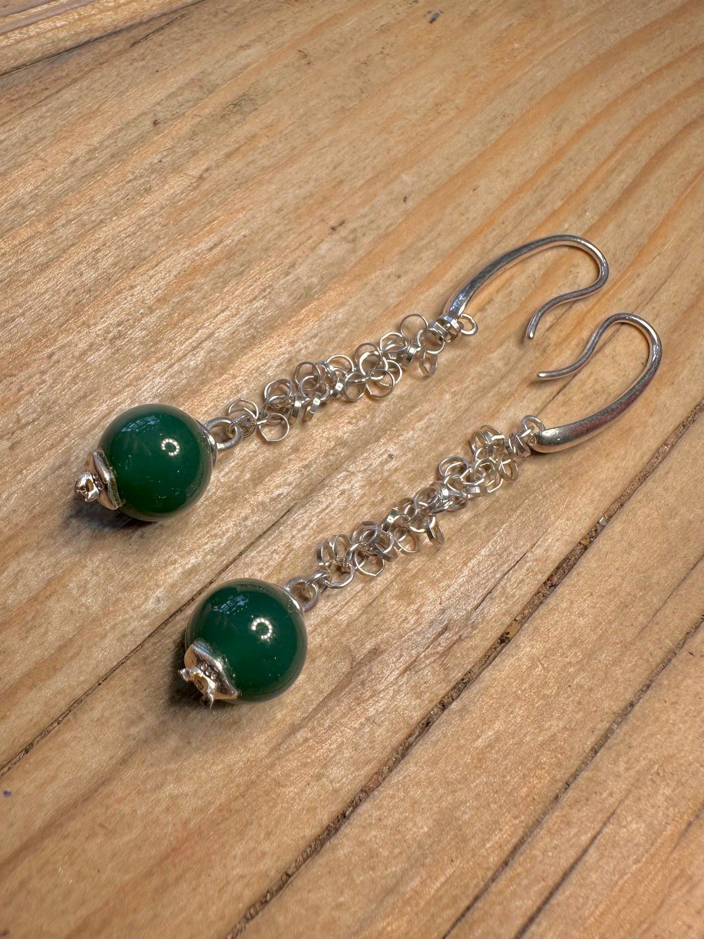 Modern Green Ball Chain Link Dangle 925 Sterling Silver Earrings