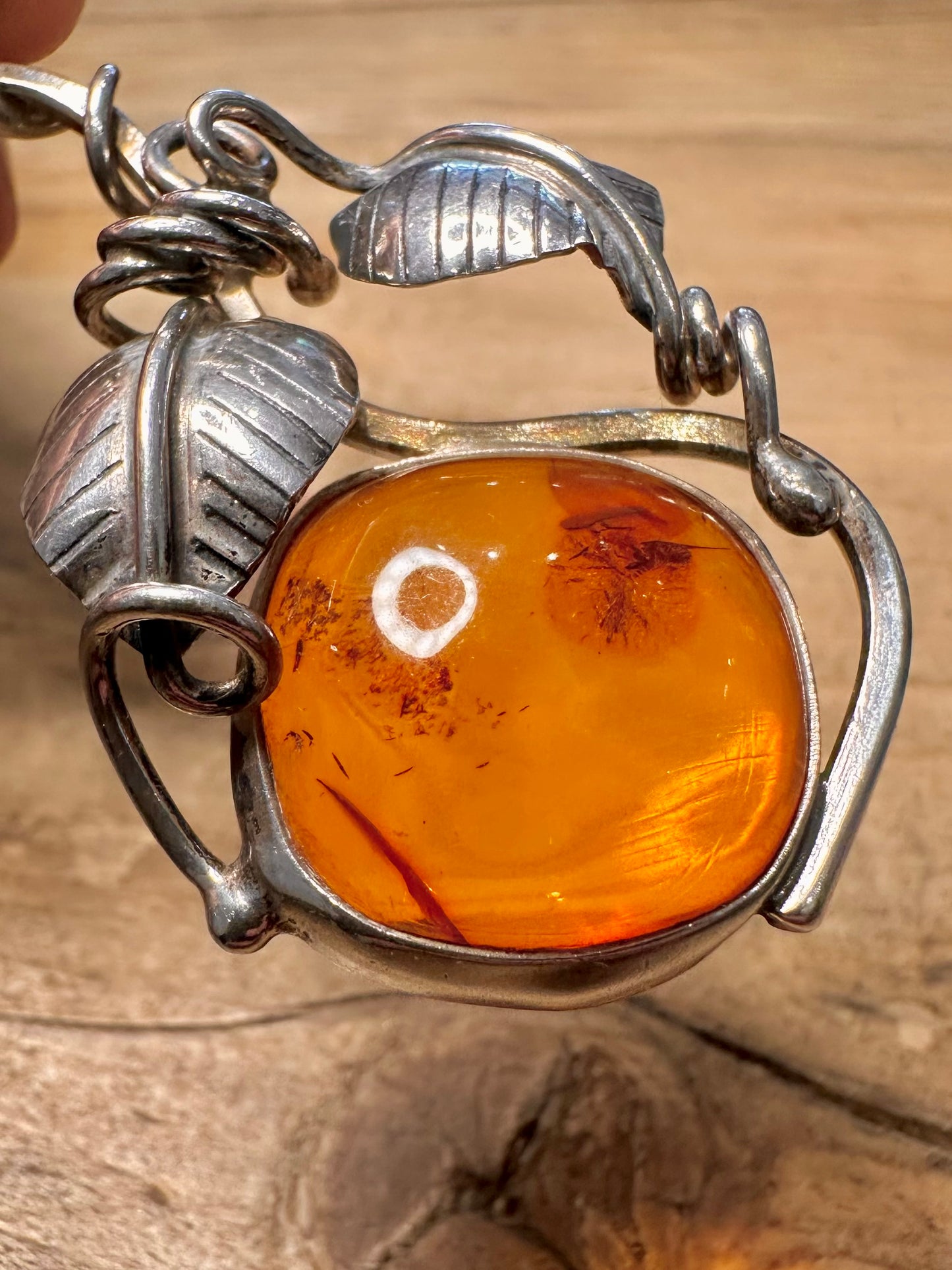 Vintage Floral Leaf Amber Poland 925 Silver Pendant