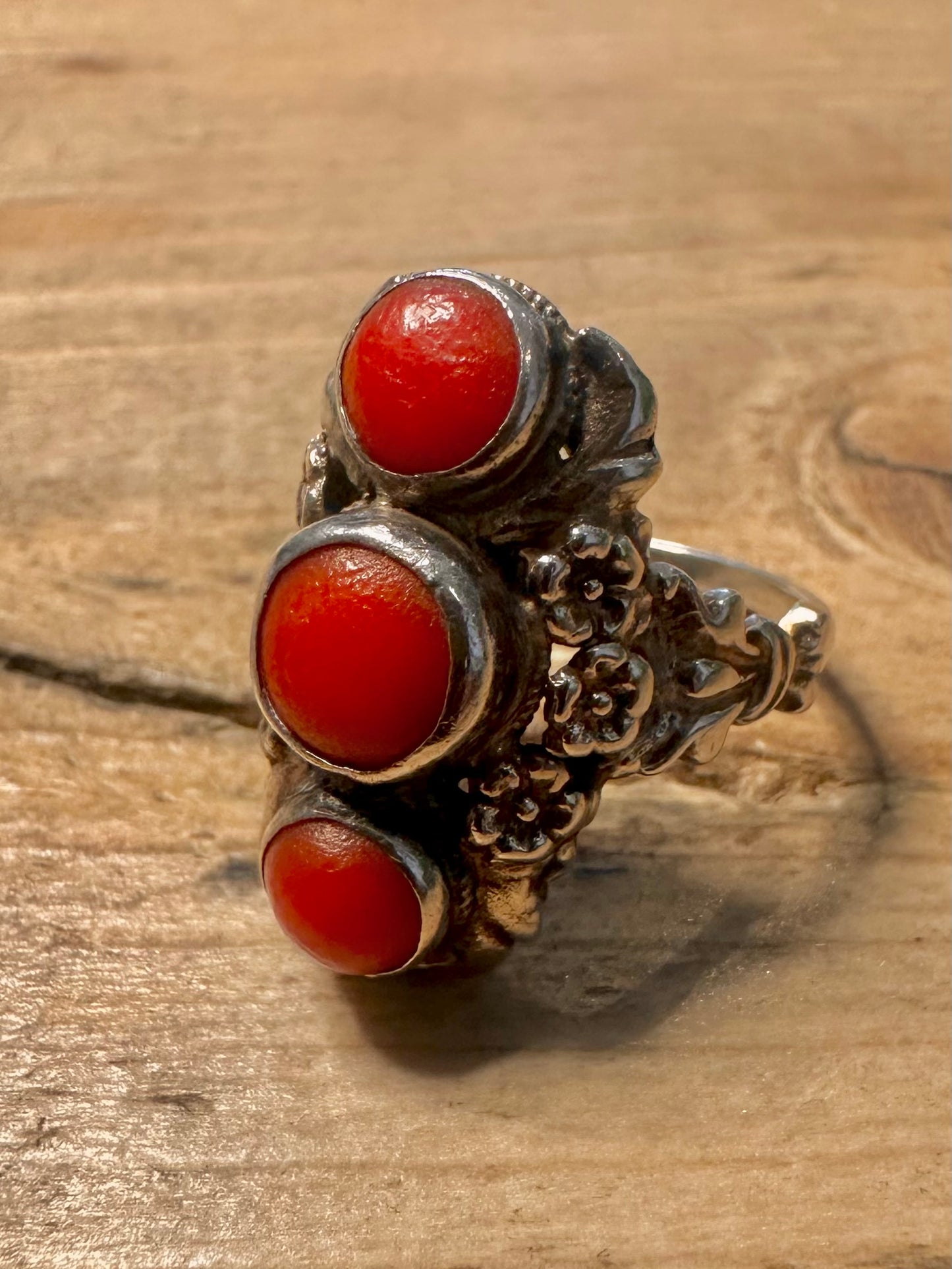 Vintage Coral Floral Long 925 Silver Size S Ring