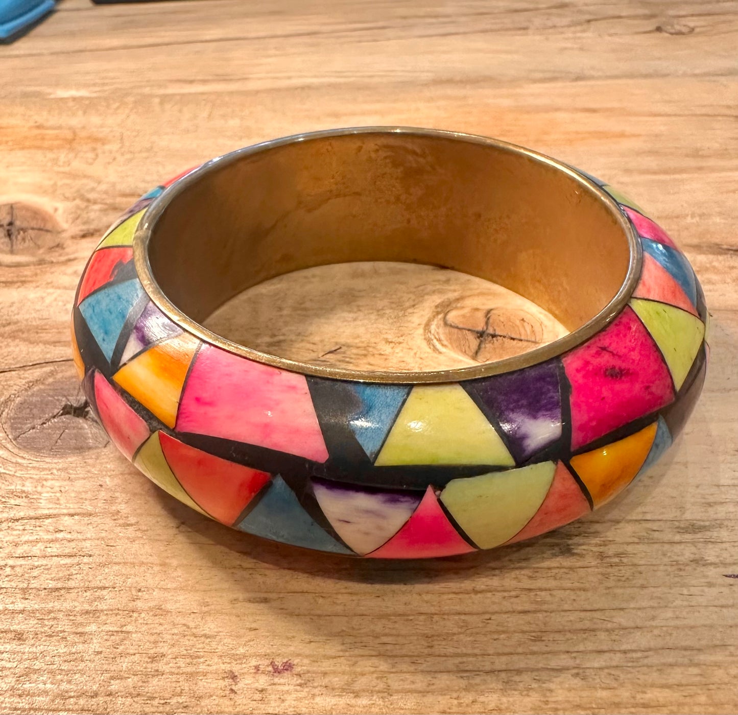 Vintage Mosaic Multi Coloured Brass Bangle
