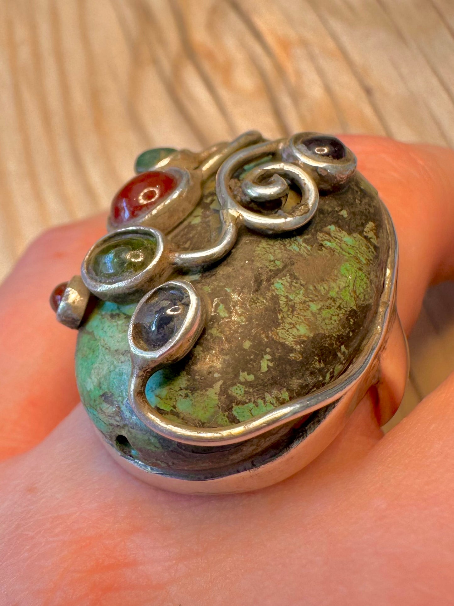 Vintage Raw Turquoise and Multi Gemstone 925 Silver Size P1/2 Ring