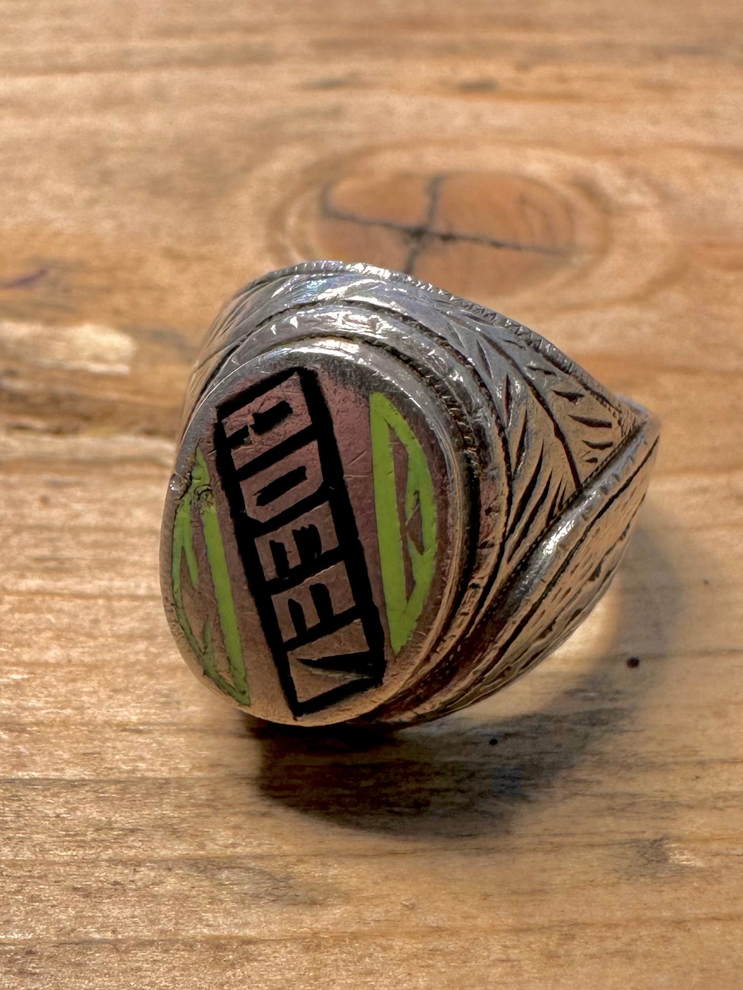 Vintage ADEEL Engraved Green Enamel 925 Silver Size Q Ring