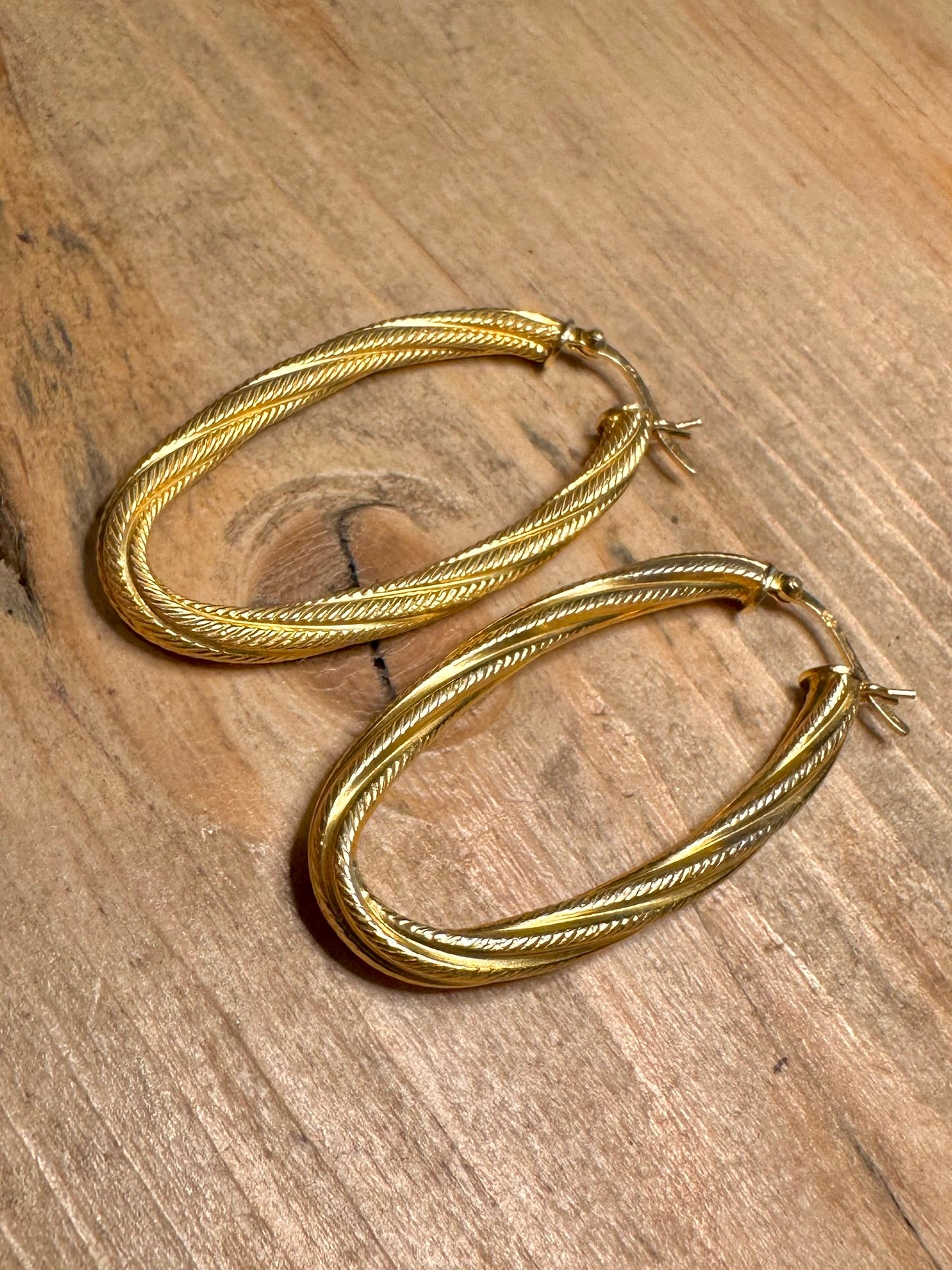 Modernist Large Twisted Gold 925 Silver Hoops Earrings
