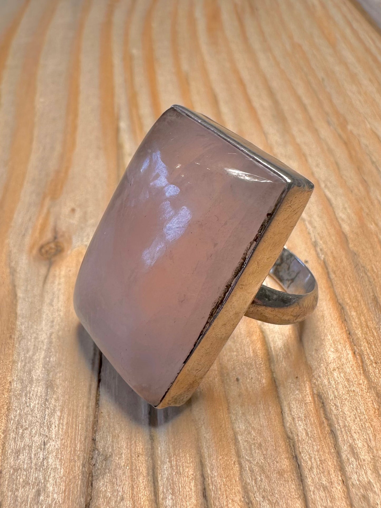 Vintage Rose Quarts Rectangle 925 Silver Size M1/2 Ring