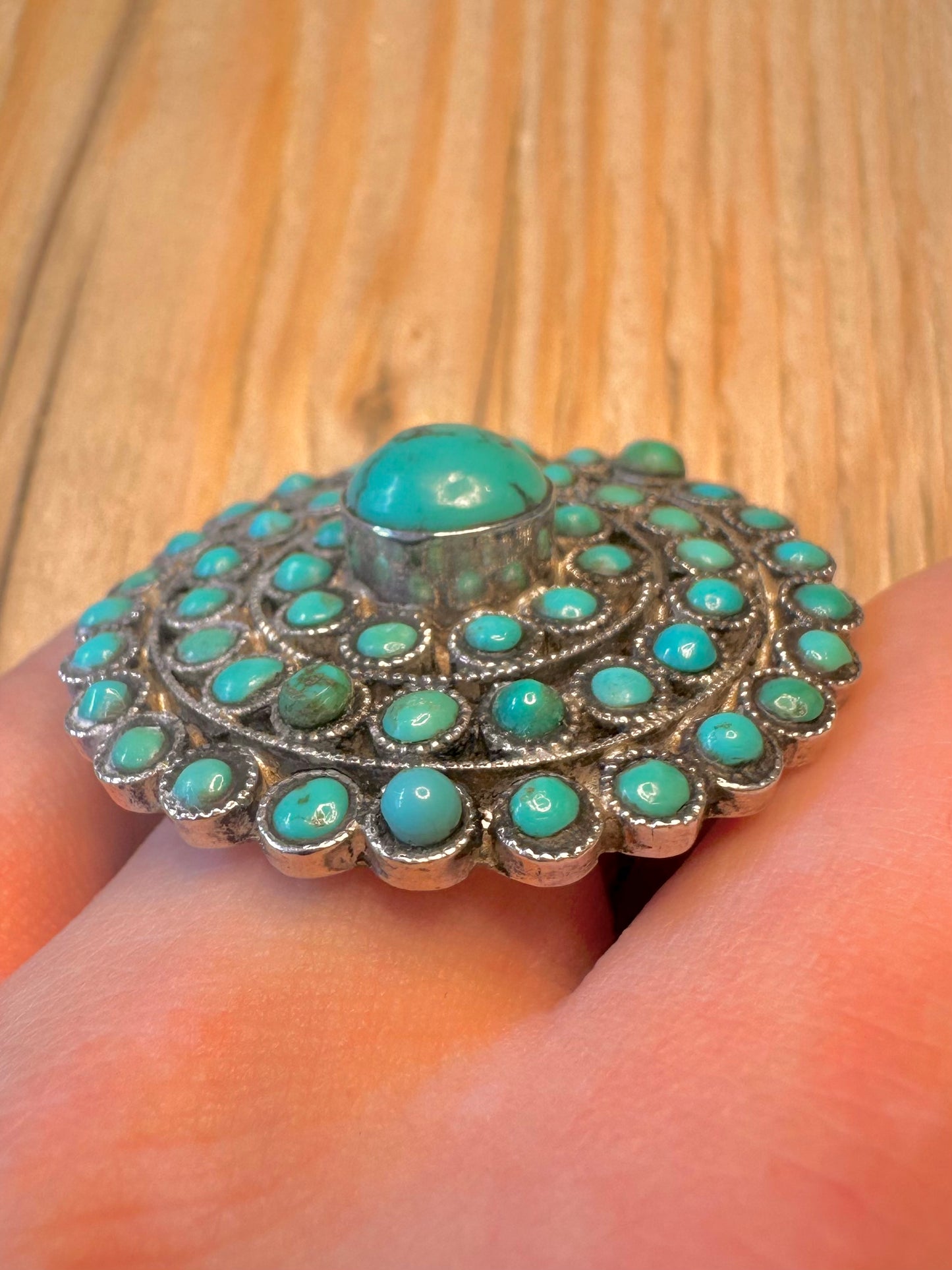Vintage Turquoise Circle Cluster 925 Sterling Silver Adjustable Size N Ring