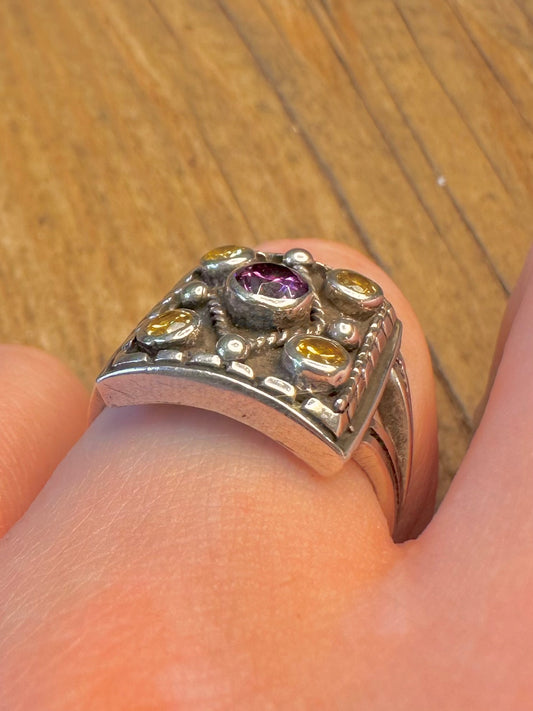 Amethyst and Citrine Rectangle Ornate 925 Sterling Silver Size Q Ring
