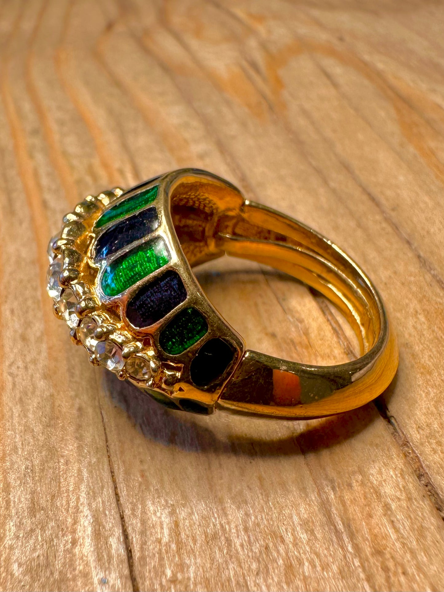 Vintage Black and Green Enamel White Stone Gold Tone Cocktail Size N Costume Ring