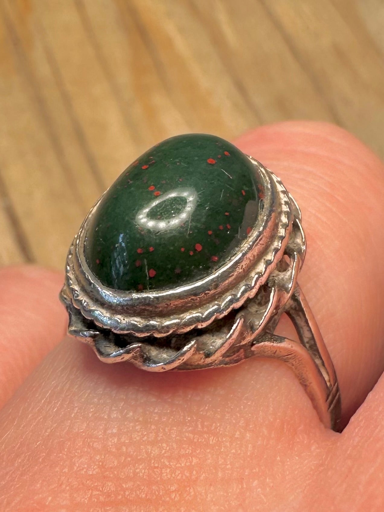 Vintage 1977 Bloodstone 925 Sterling Silver Size O Split on band Ring