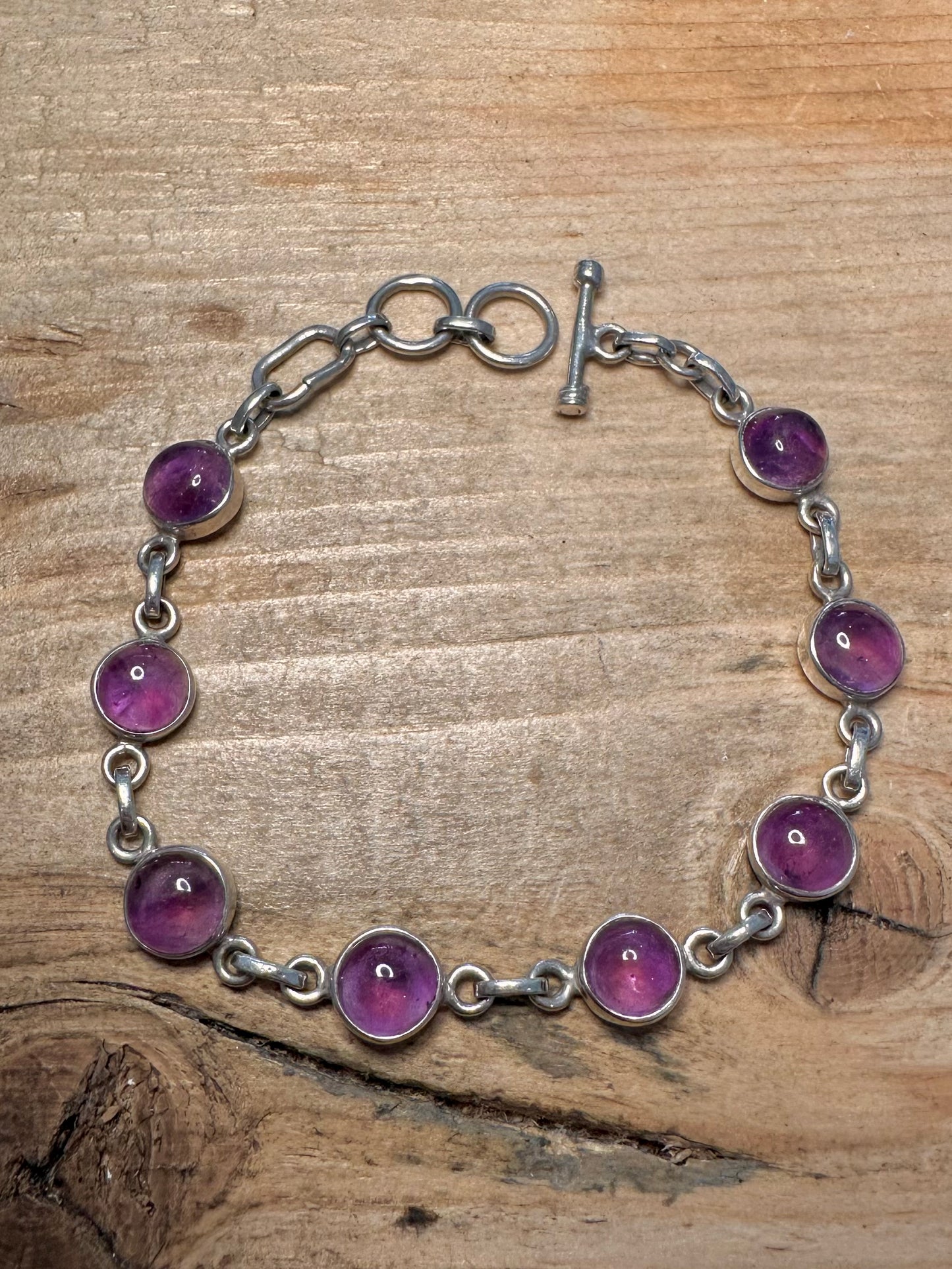 Vintage Amethyst Circle Link T Bar Clasp 925 Silver 7 to 8 inch Bracelet