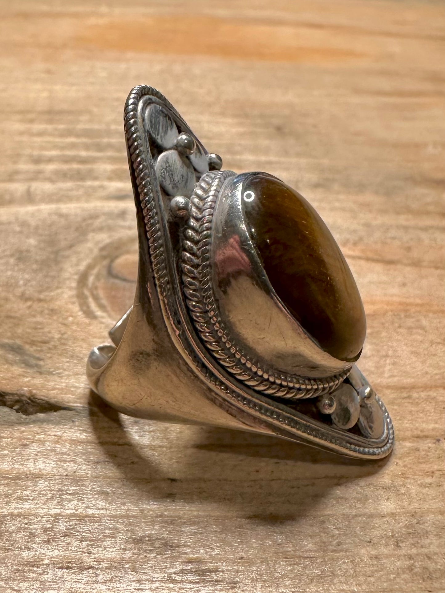 Vintage Large Tigers Eye Diamond Shape 925 Silver Size O1/2 Ring