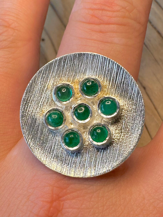Abstract Textured Green Stones 925 Silver Size T1/2 Ring