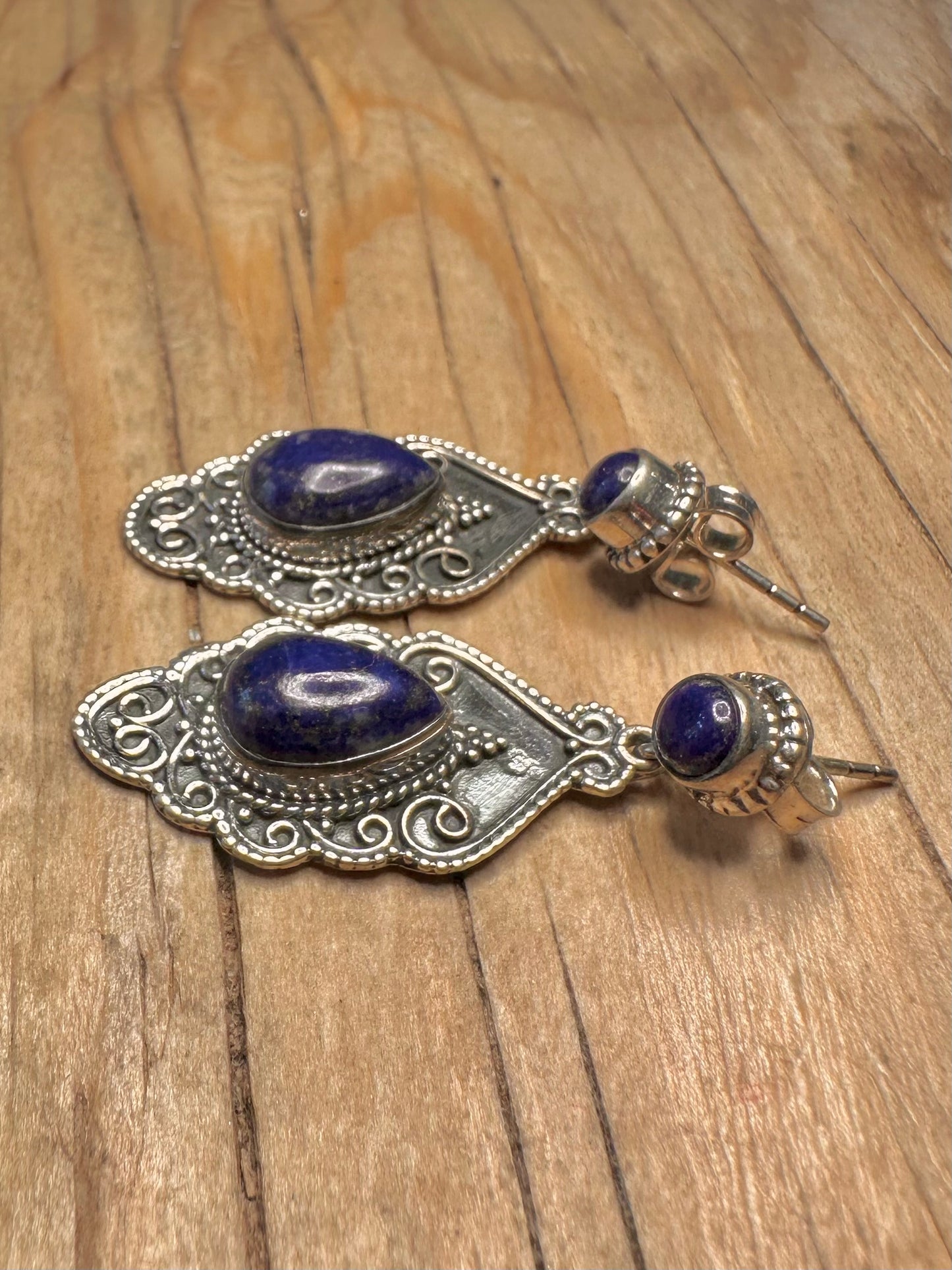 Vintage Lapis Ornate Dangle 925 Sterling Silver Earrings