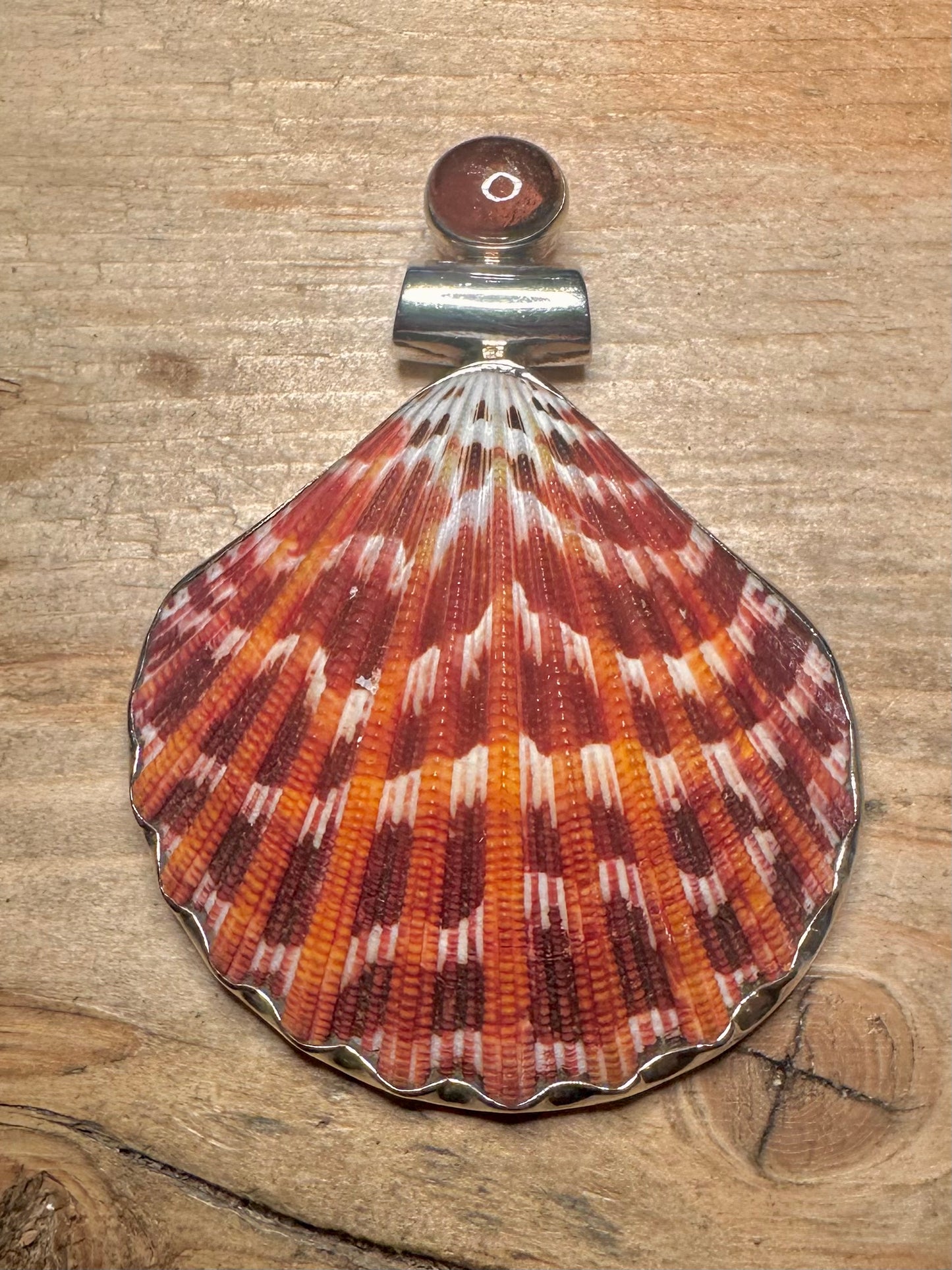 Abstract 2005 Red Shell and Red Gemstone 925 Silver Pendant