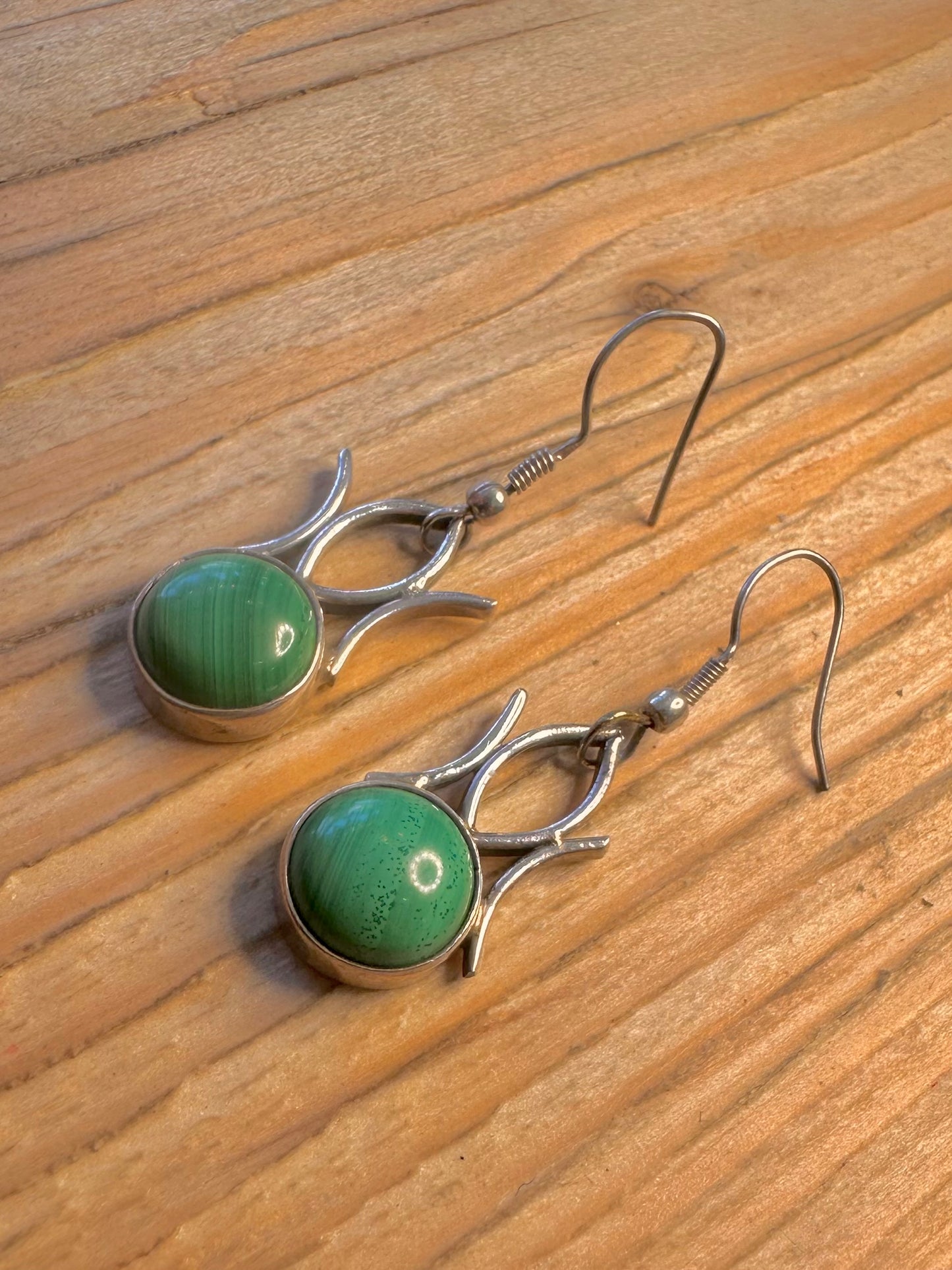 Vintage Malachite Dangle 925 Sterling Silver Earrings