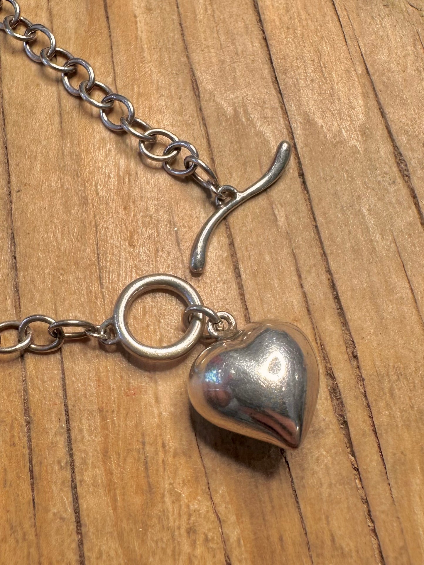 Vintage Belcher Chain Heart T Bar 925 Sterling Silver 7.5 inch Bracelet