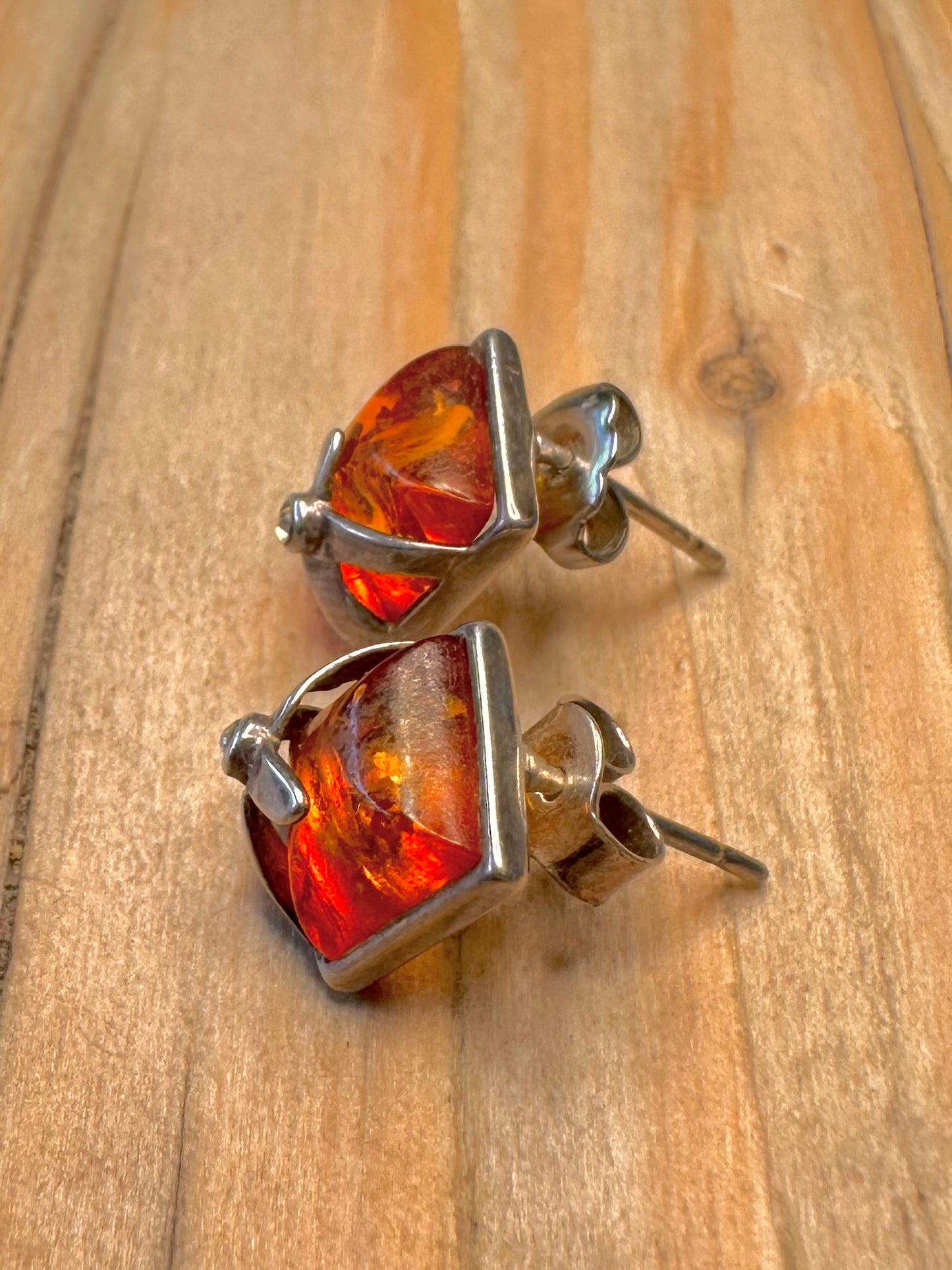Vintage Square Amber White Stone 925 Sterling Silver Stud Earrings