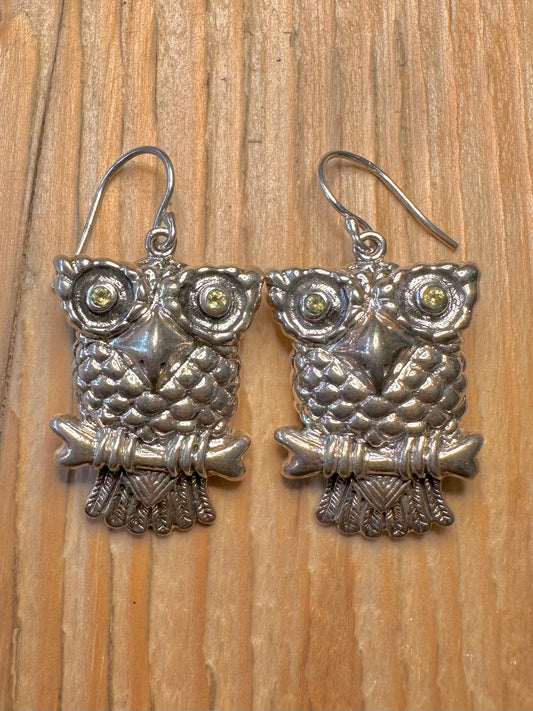 Vintage Owl Peridot 925 Sterling Silver Earrings