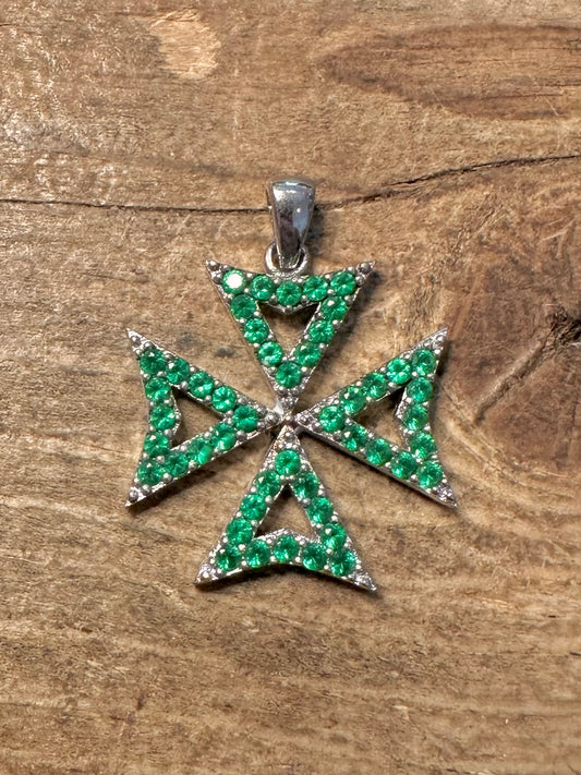 Modern Green and White Cross of Malta 925 Silver Pendant