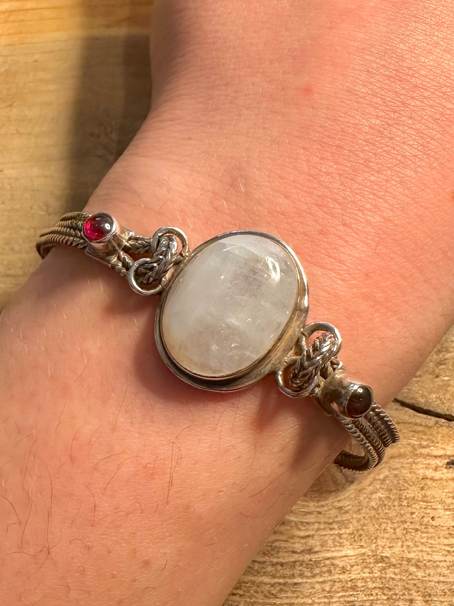 Vintage Moonstone and Garnet Foxtail Chain 925 Silver 7 inch Bracelet