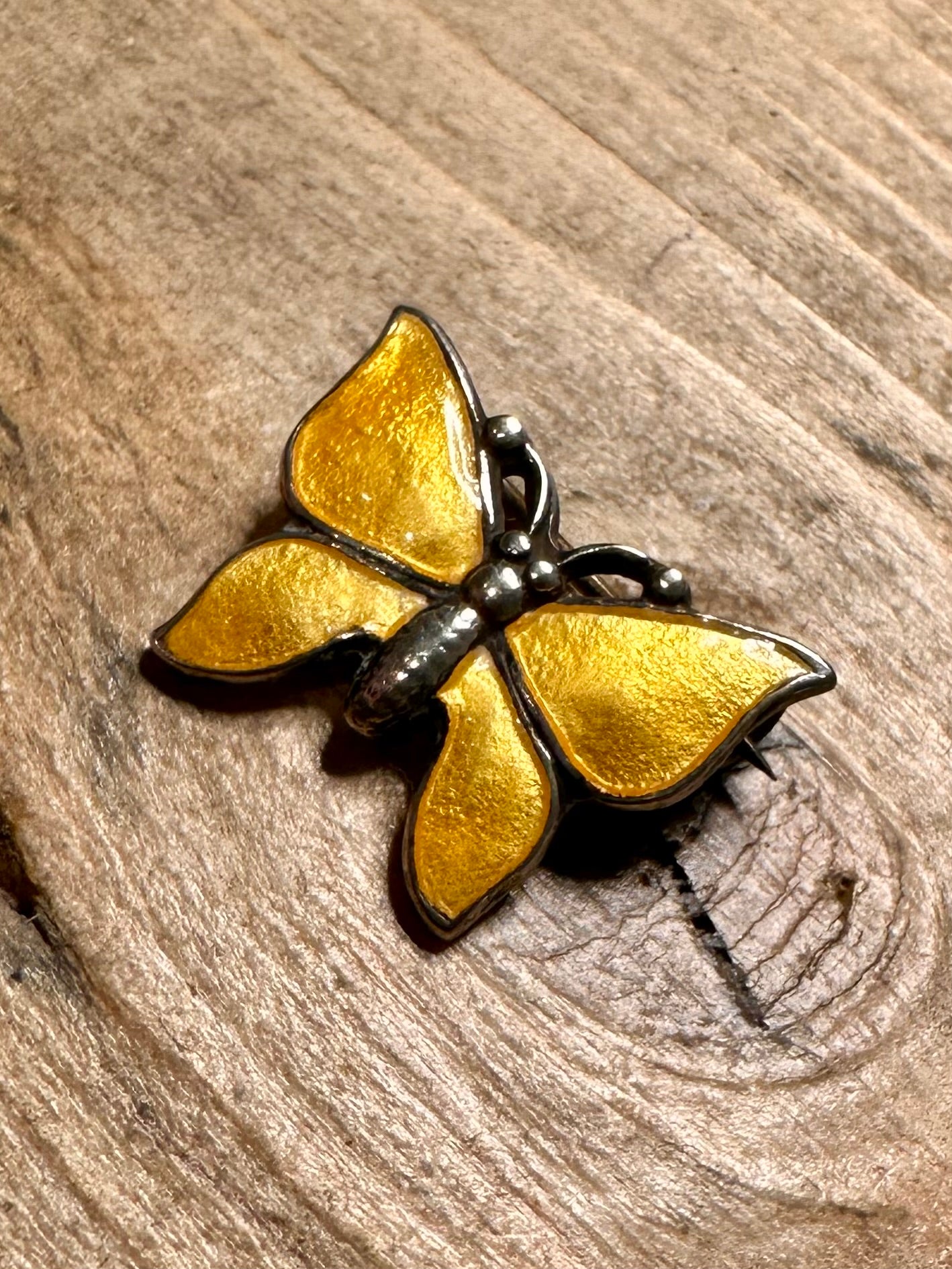 Vintage Yellow Enamel Butterfly 925 Silver Brooch