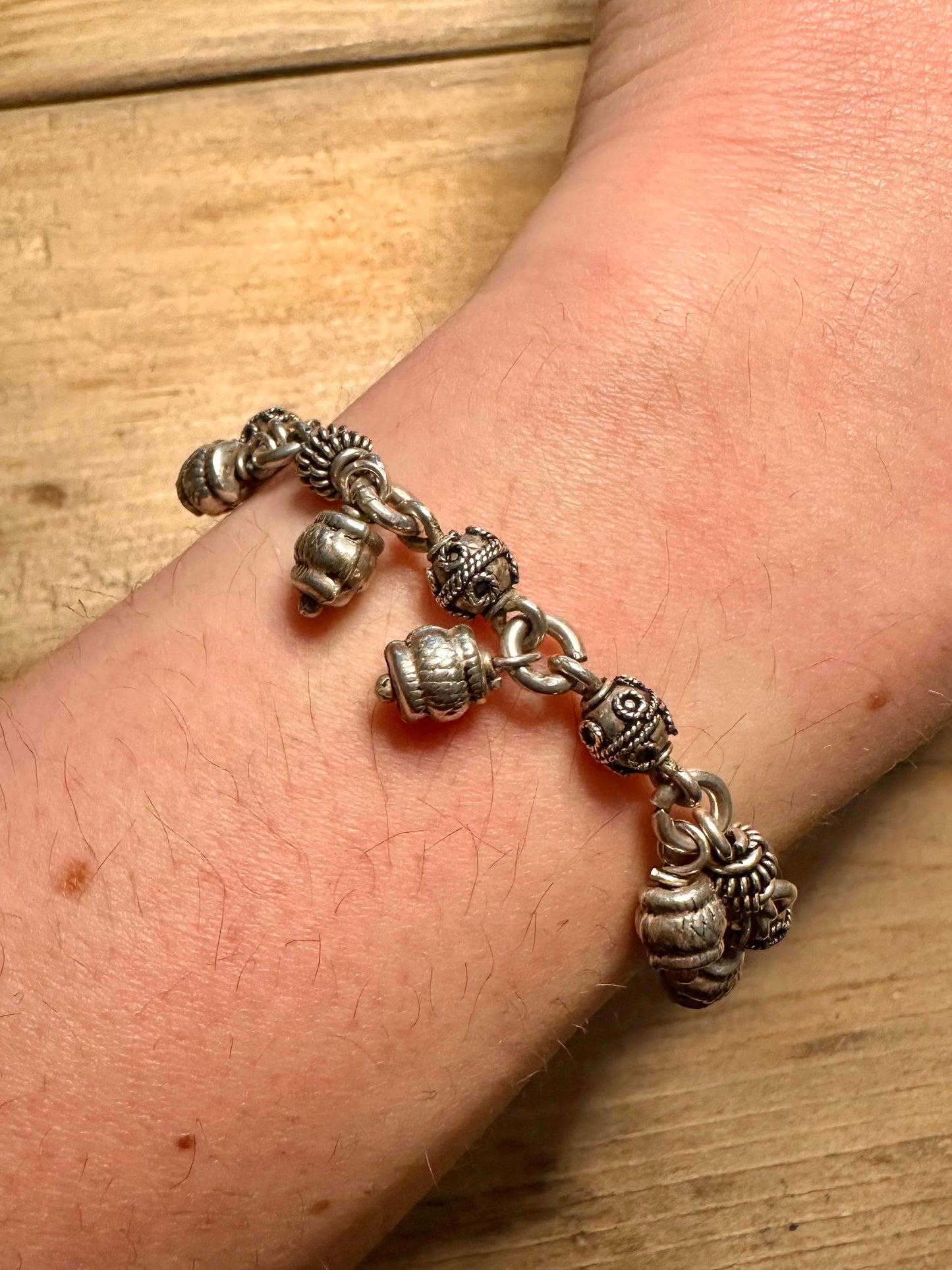 Vintage Tribal Dangle Ball Textured 925 Bracelet