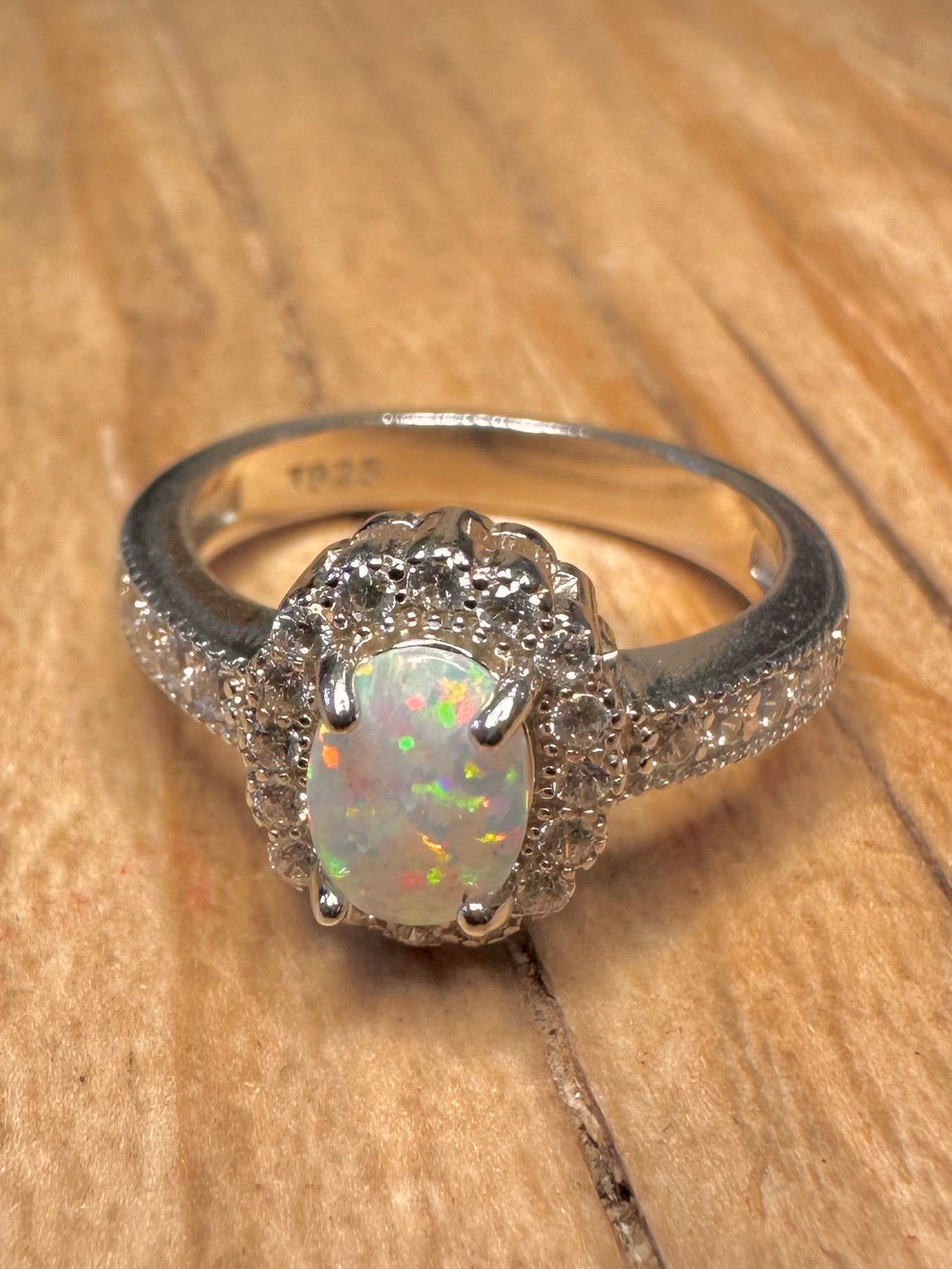 Modern Opal and White CZ 925 Sterling Silver Size J Ring