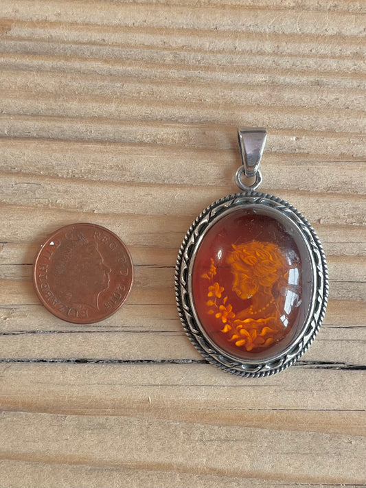 Large Oval Amber Flower Girl 925 Sterling Silver Pendant