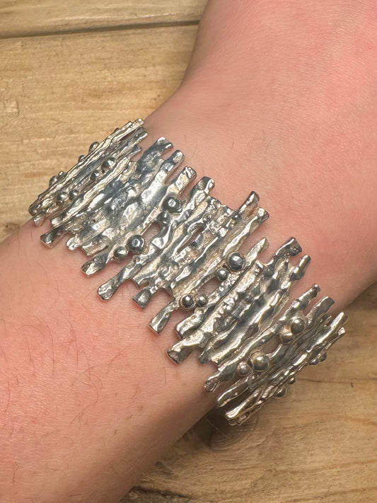 Abstract Brutalist 2007 Textured 925 Silver Cuff Bangle