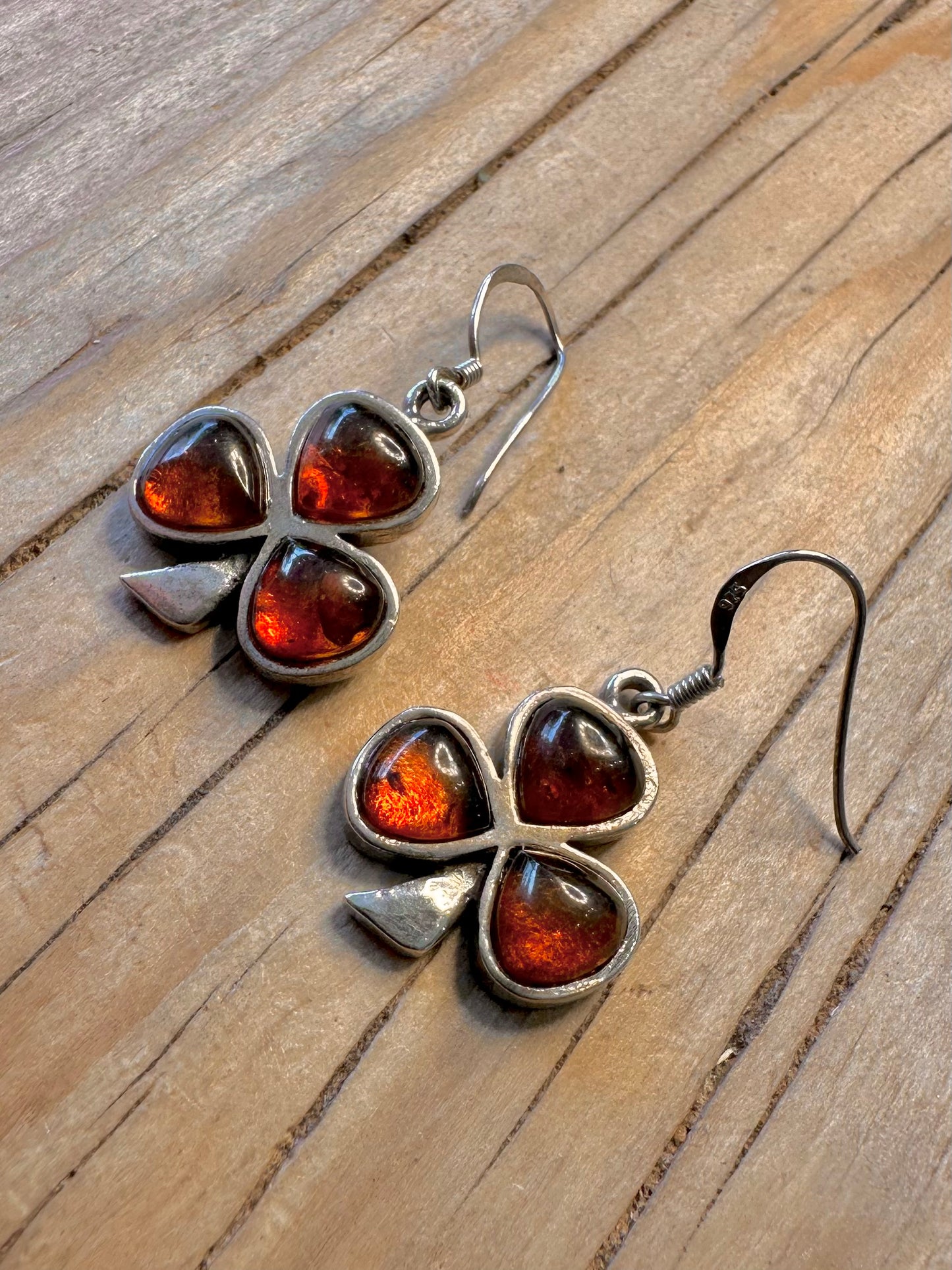 Vintage Amber Three Leaf Clover 925 Silver Earrings