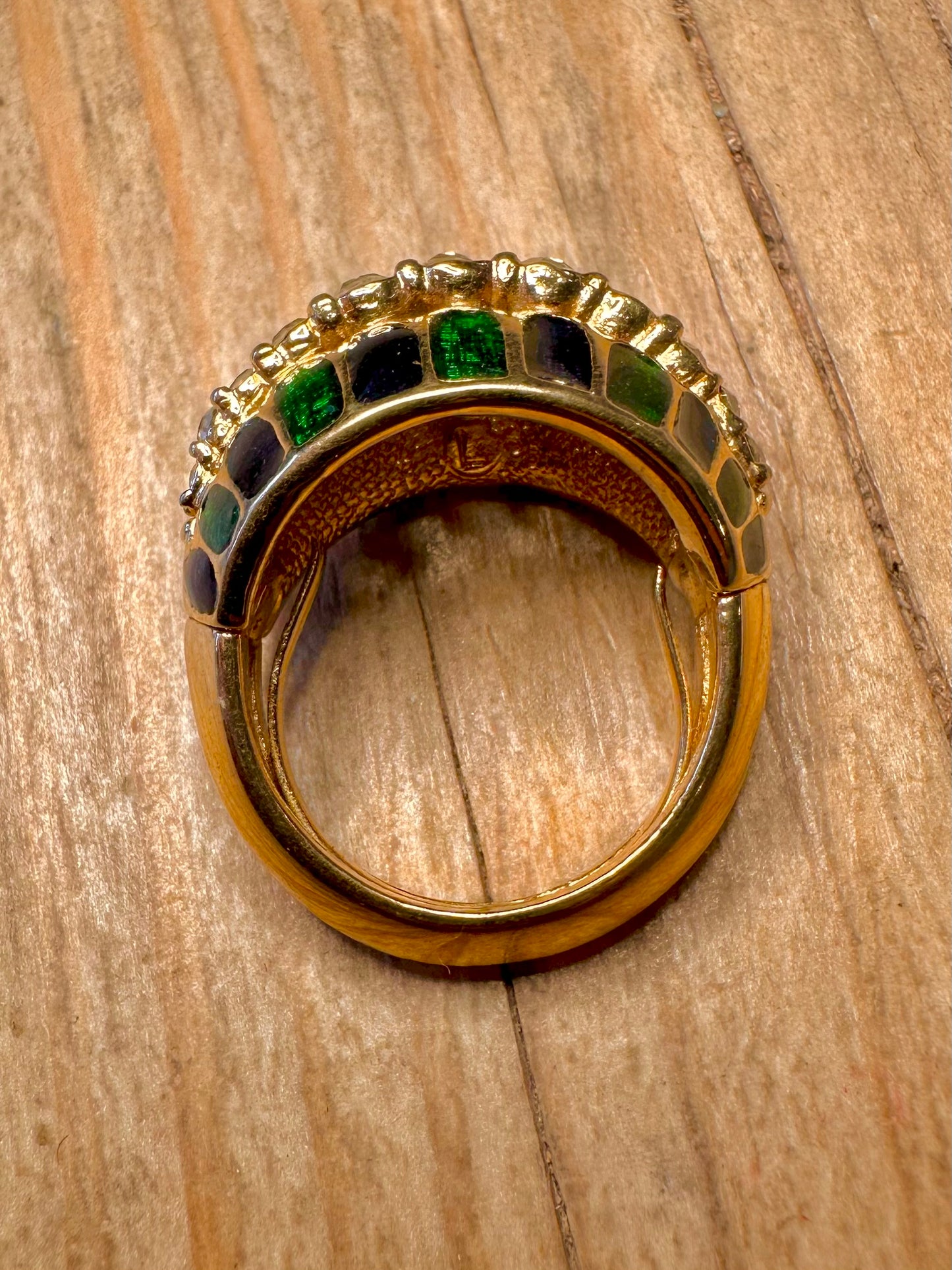 Vintage Black and Green Enamel White Stone Gold Tone Cocktail Size N Costume Ring