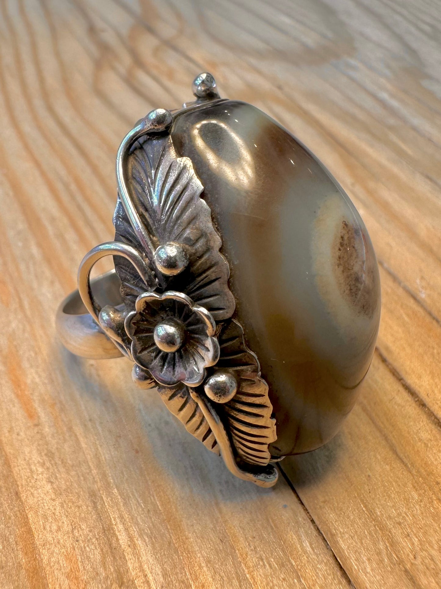 Vintage Large Agate Navajo Style 925 Silver Size V Ring
