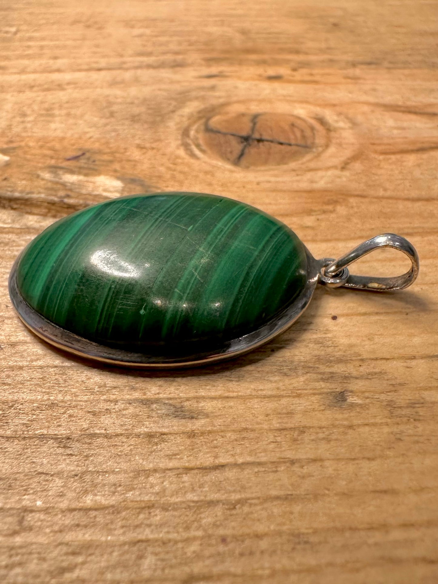 Vintage Malachite Oval 925 Silver Pendant