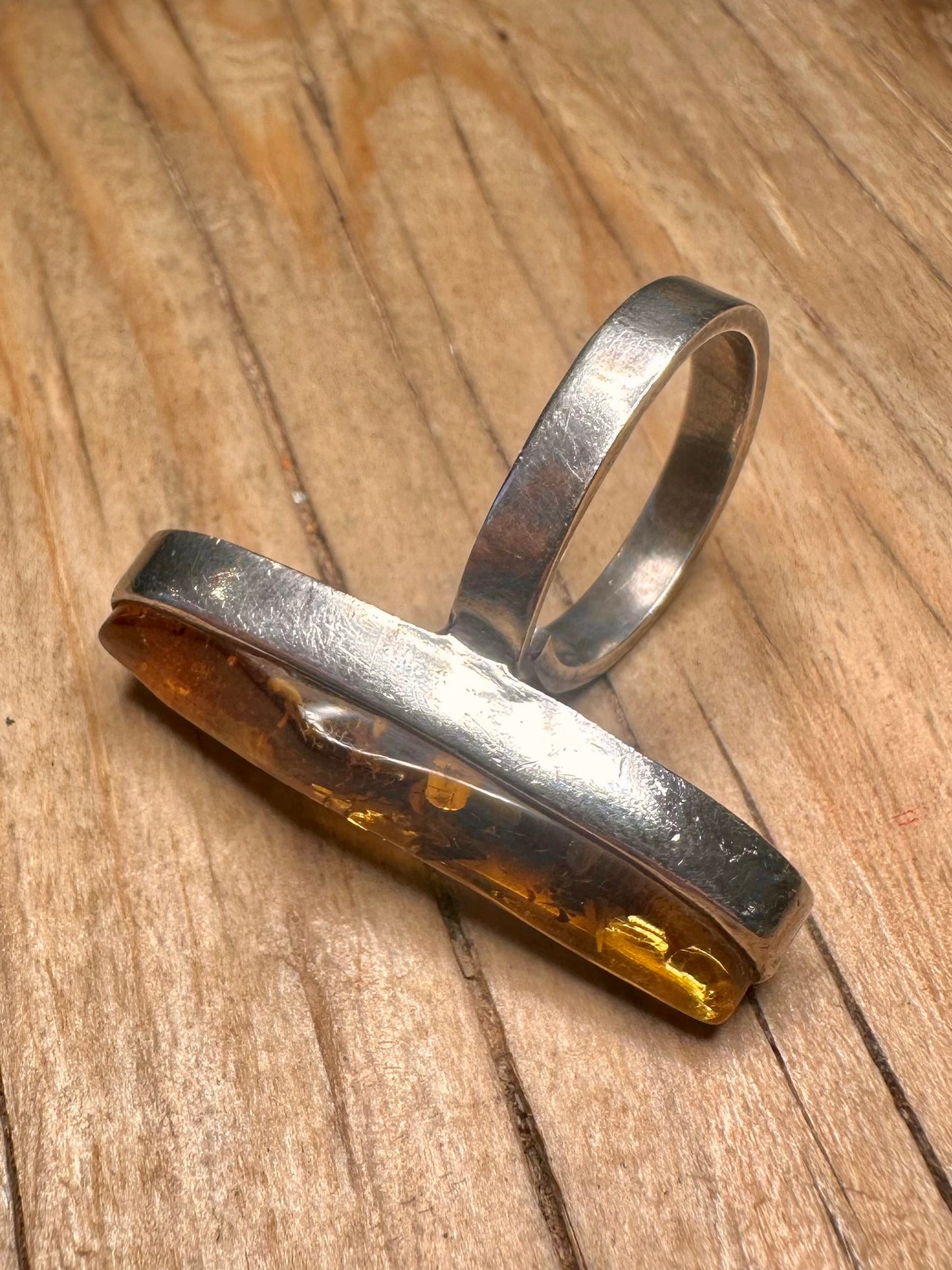 Vintage Elongated Amber 925 Sterling Silver Size P Adjustable Ring