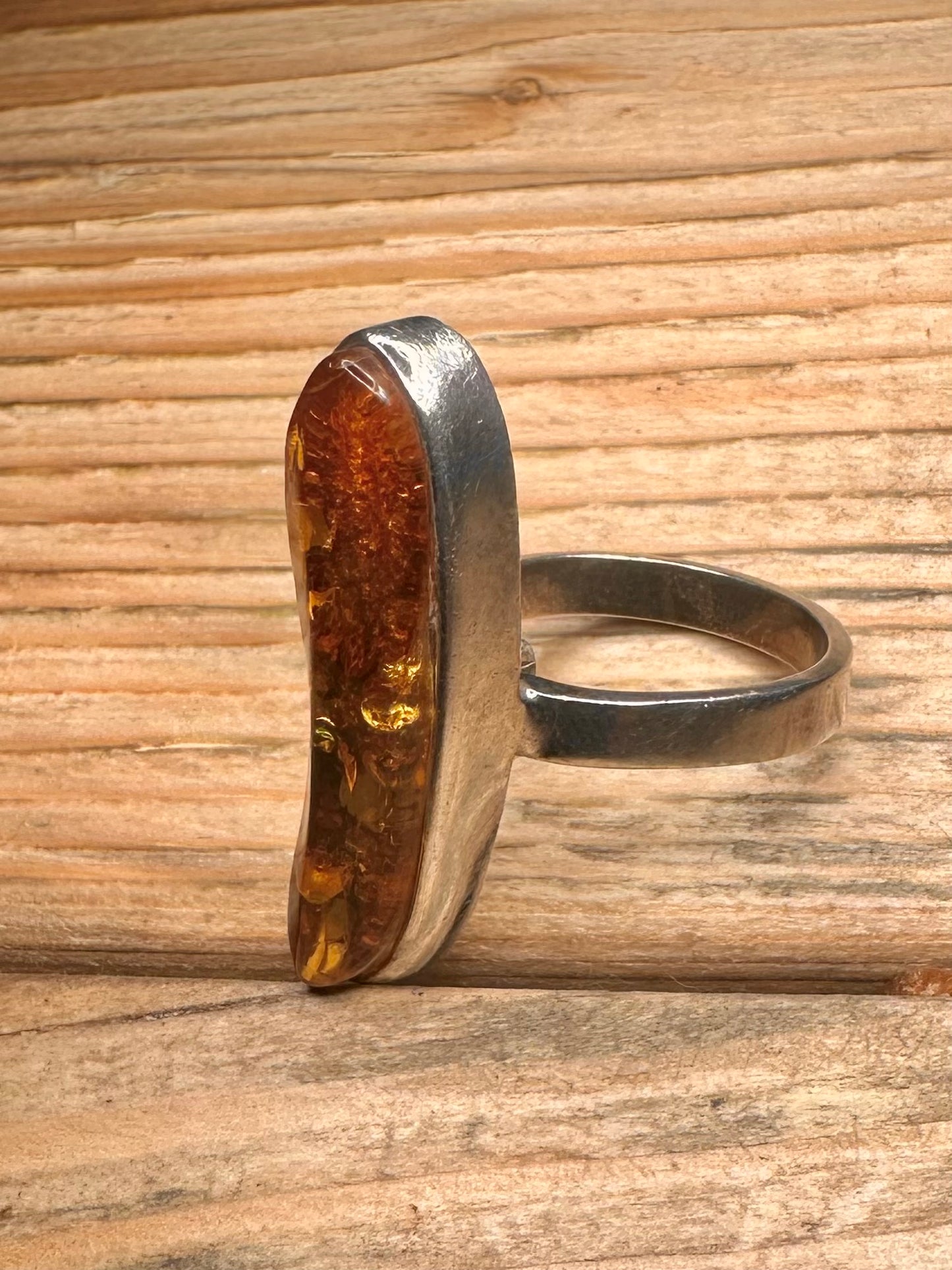 Vintage Elongated Amber 925 Sterling Silver Size P Adjustable Ring