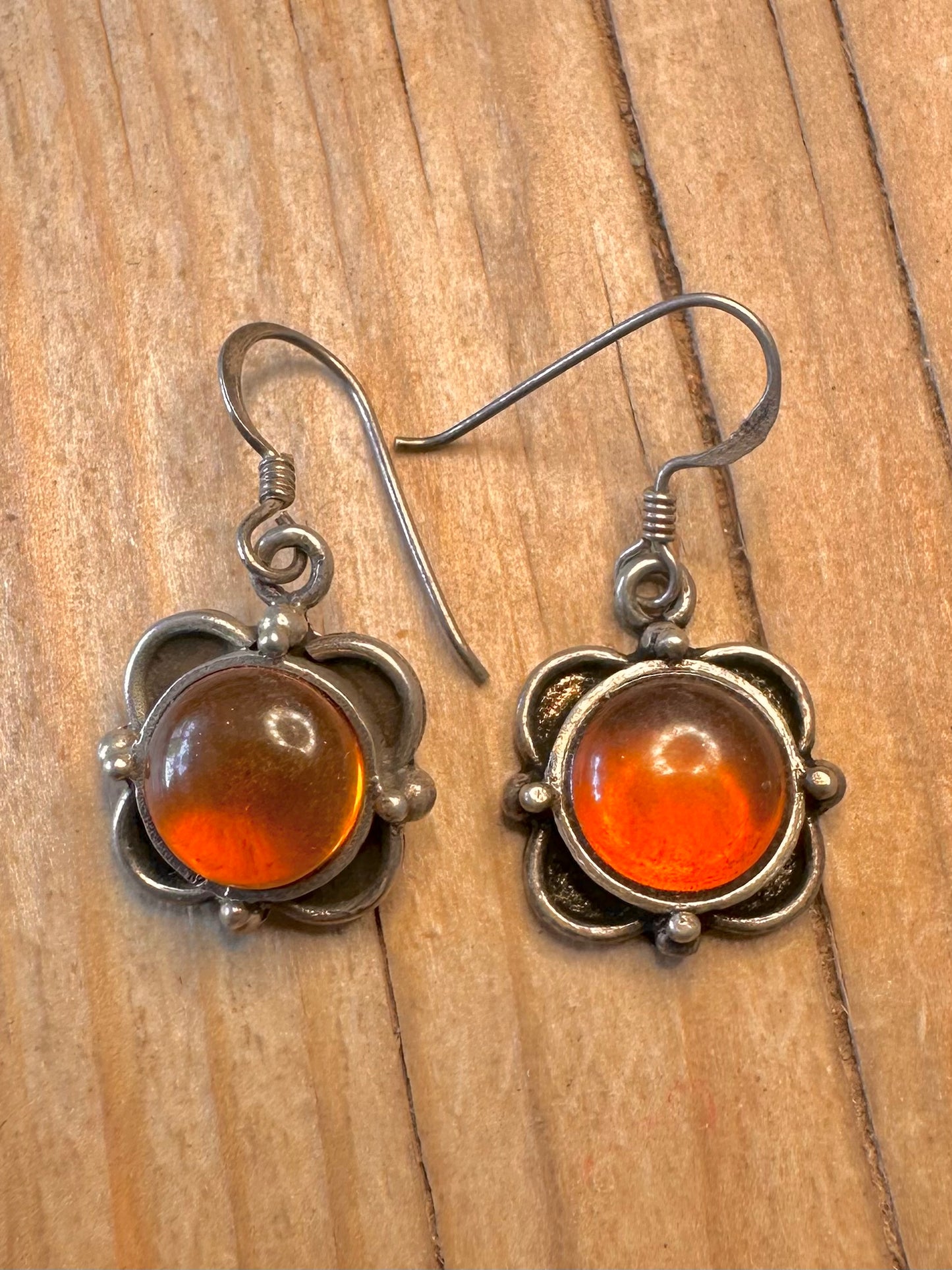 Vintage Amber Flower 925 Sterling Silver Earrings