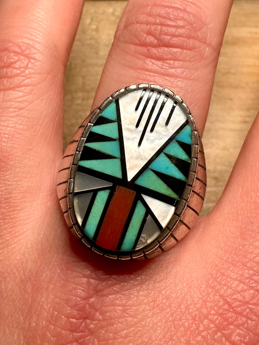 Vintage Native American Zuni Onyx Turquoise Mother of Pearl and Coral 925 Sterling Silver Size Z+5 Ring