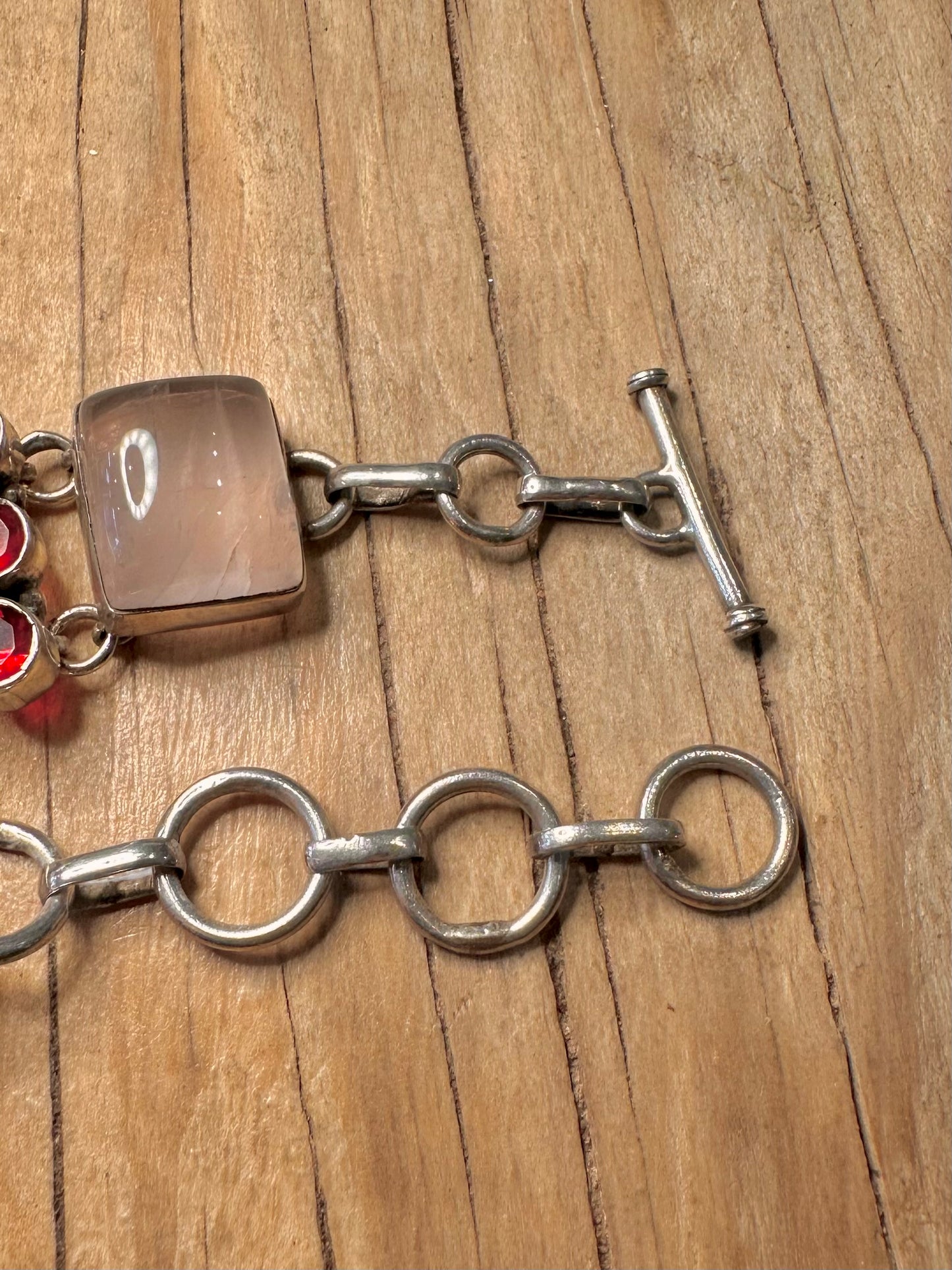 Vintage Rose Quarts and Red Stone 925 Sterling Silver 6 to 7.5 Bracelet